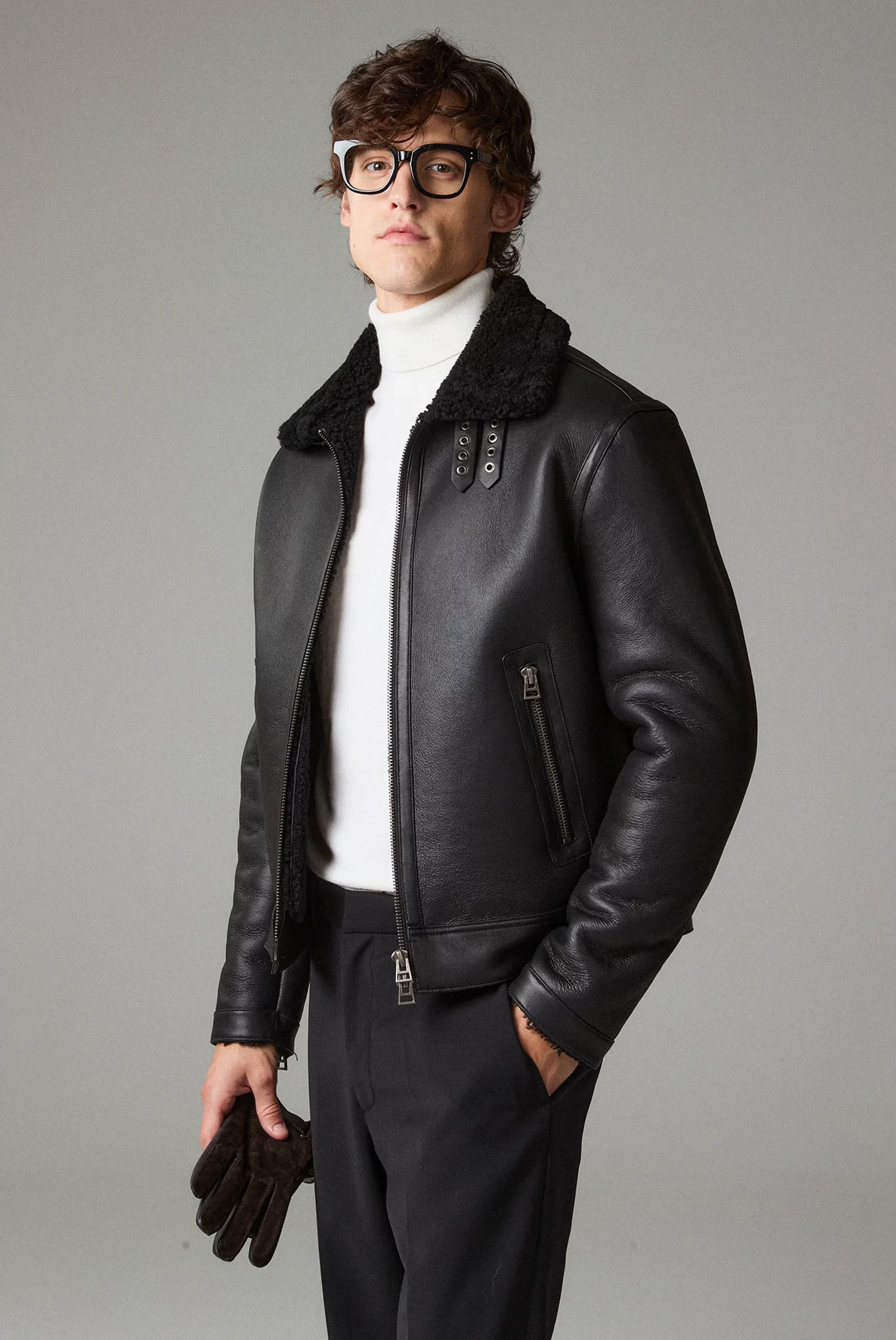 Shearling Leather Aviator Jacket - Image 3