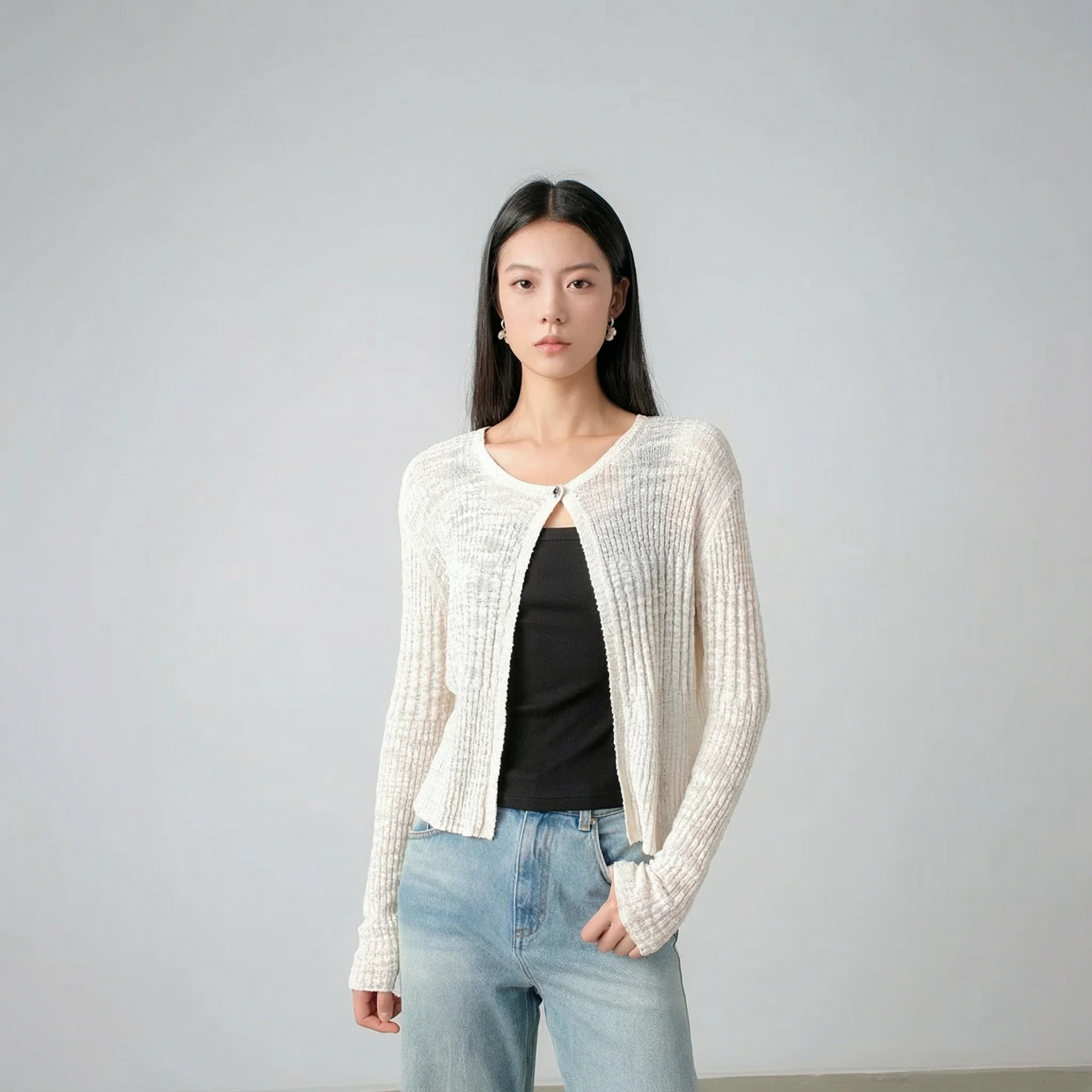 Sheer Rib Knit Cropped Cardigan - Image 6