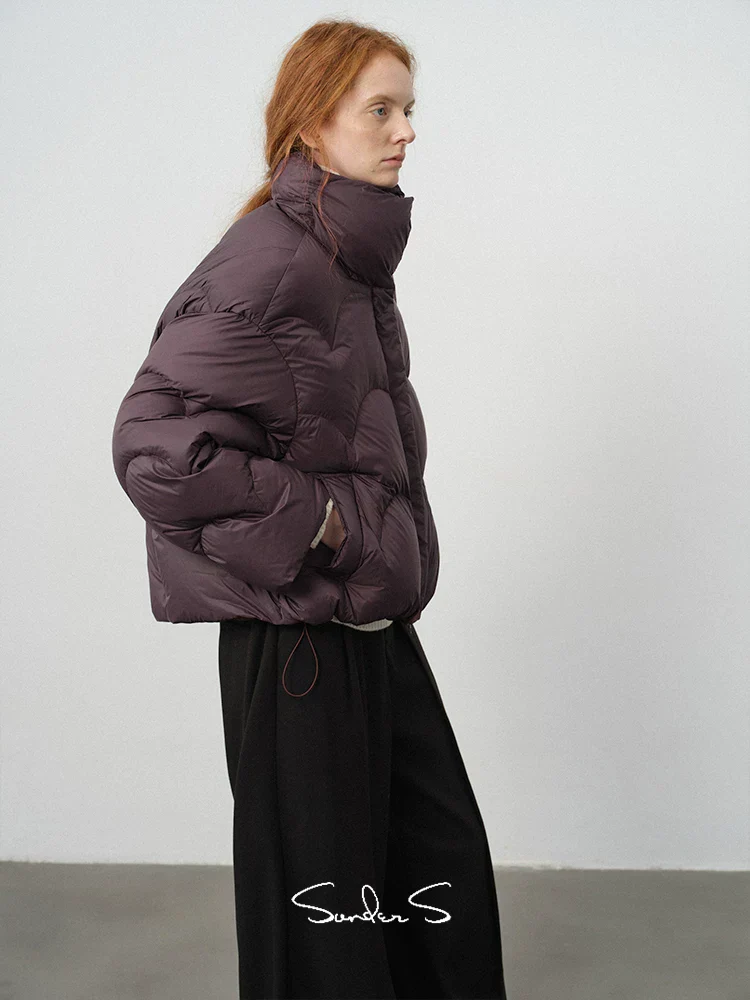 Short Curved-Quilt Stand-Collar Down Jacket - Image 3