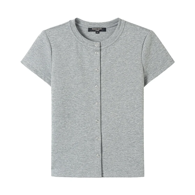 Short-Sleeve Snap-Front Knit Top - Image 9