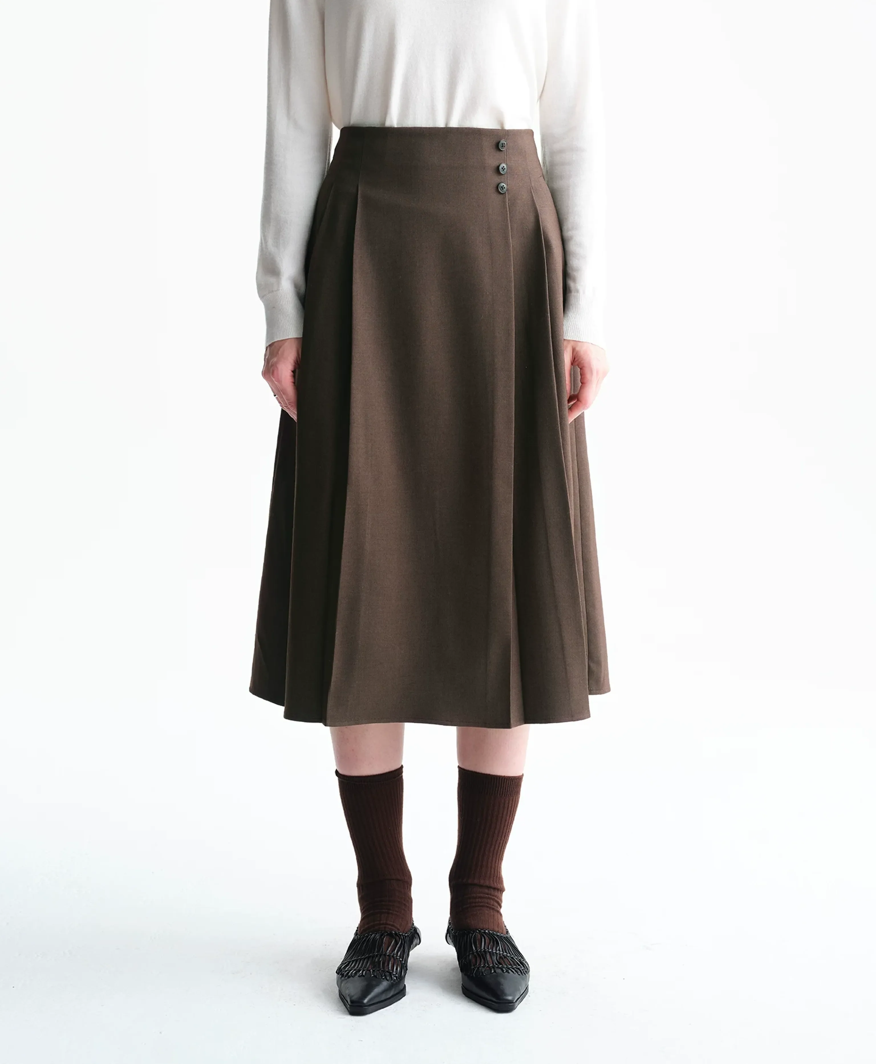 Side-Button Wrap Pleated Midi Skirt - Image 2