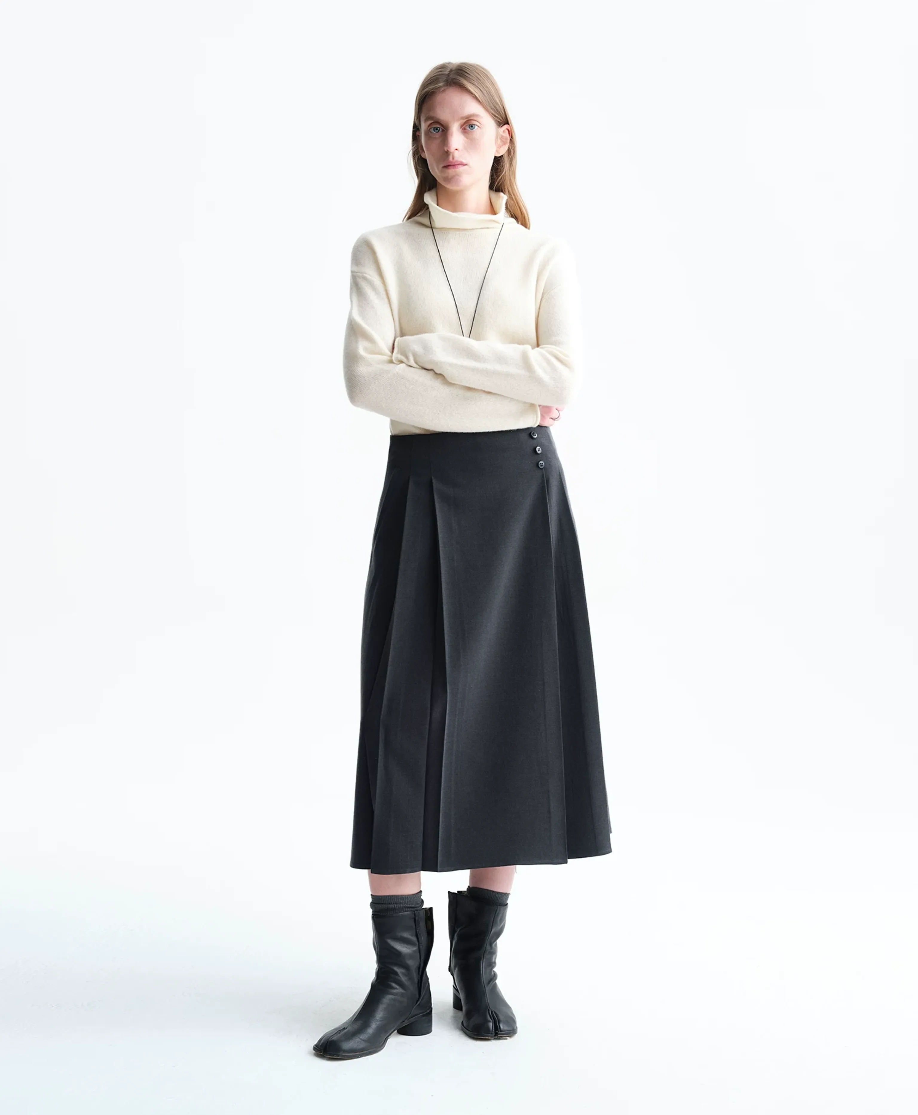 Side-Button Wrap Pleated Midi Skirt - Image 3