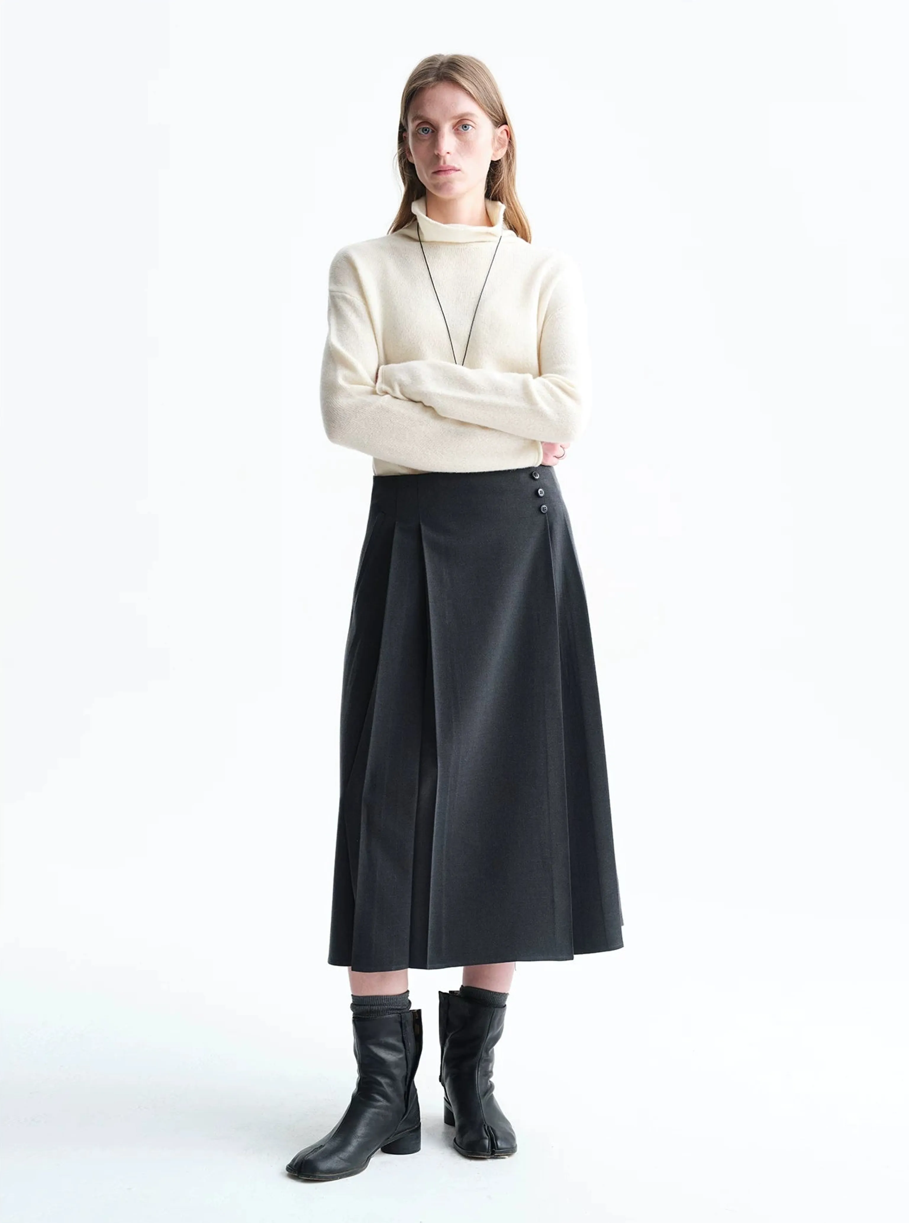 Side-Button Wrap Pleated Midi Skirt - Image 6