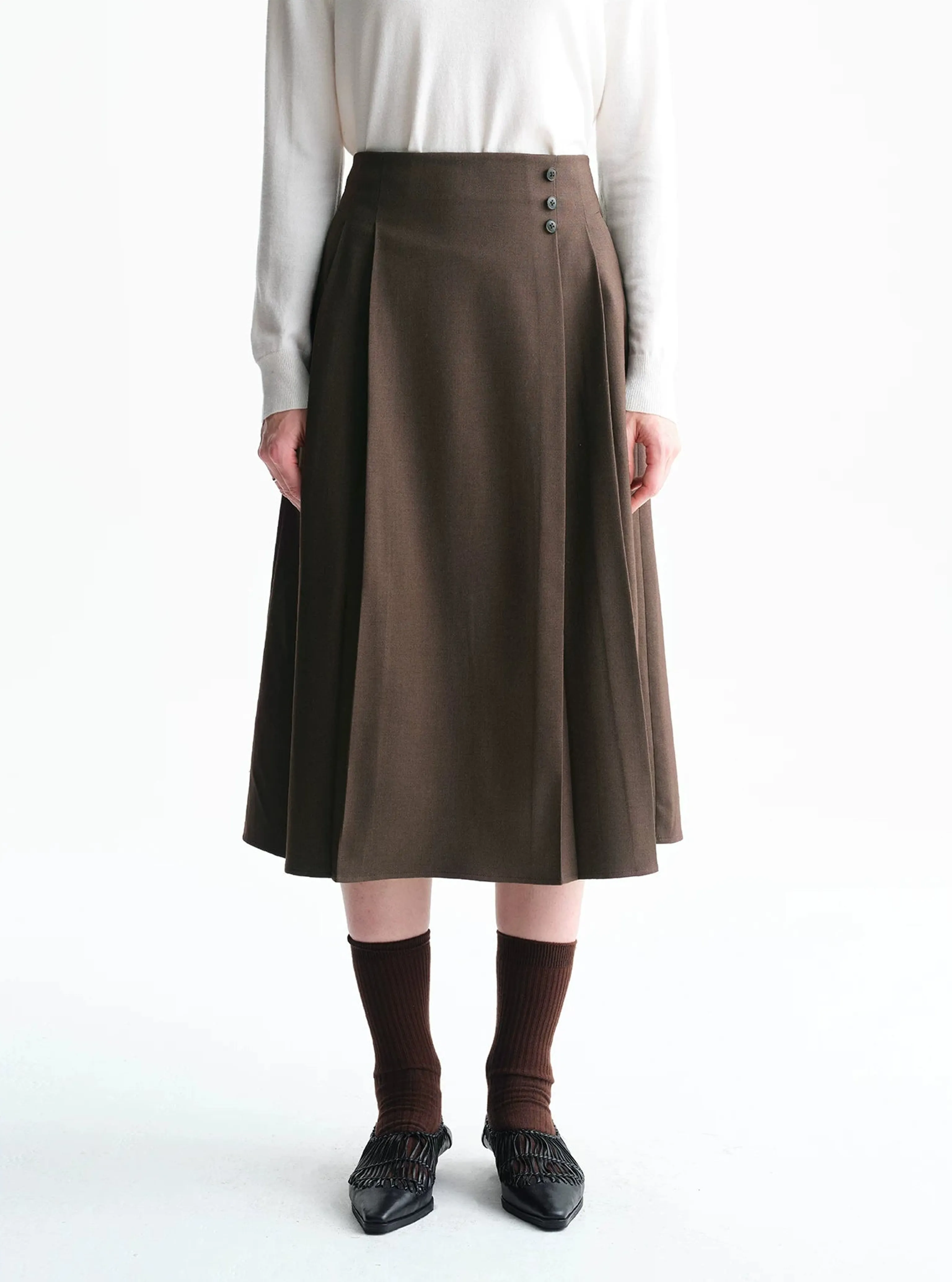 Side-Button Wrap Pleated Midi Skirt - Image 7