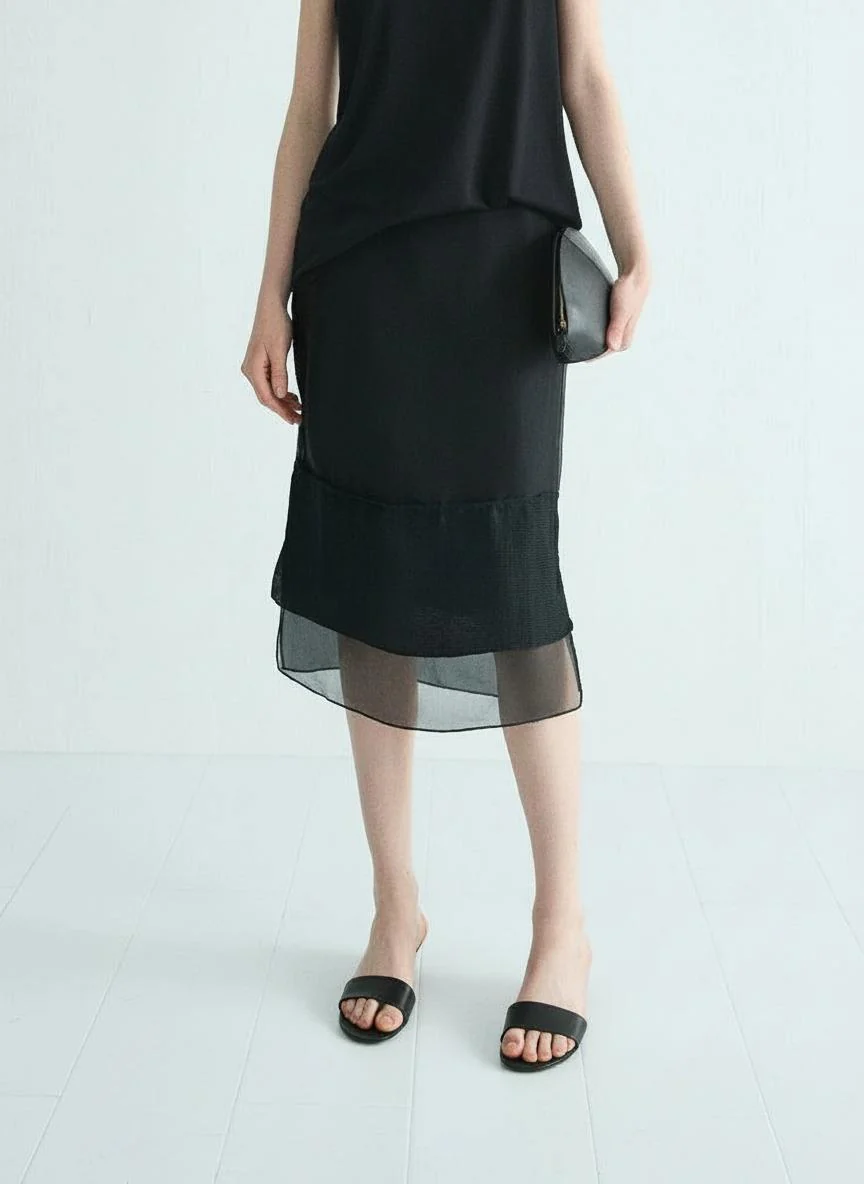 Silk Organza Sheer-Hem Midi Skirt