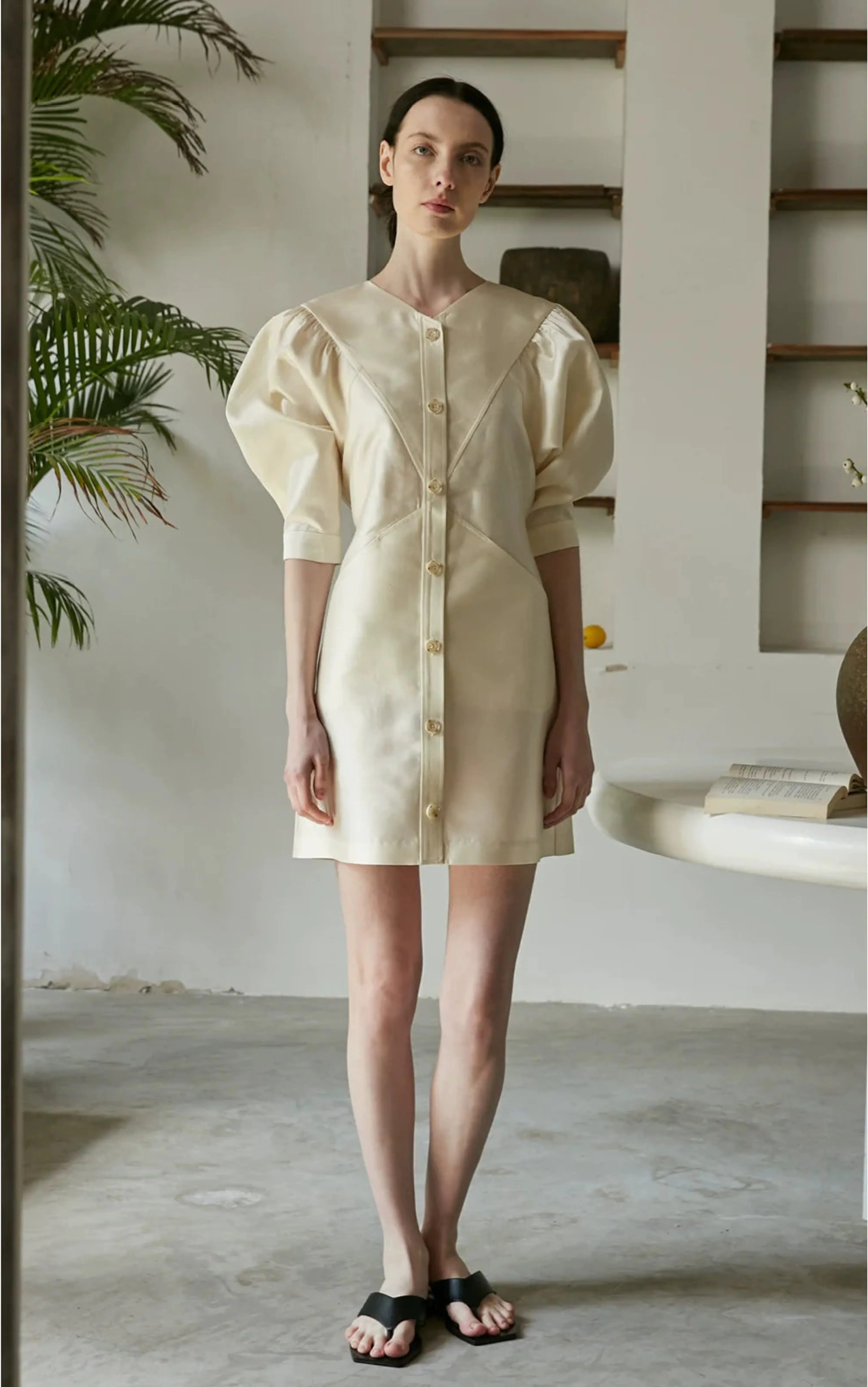 Silk-Wool Puff-Sleeve Mini Dress