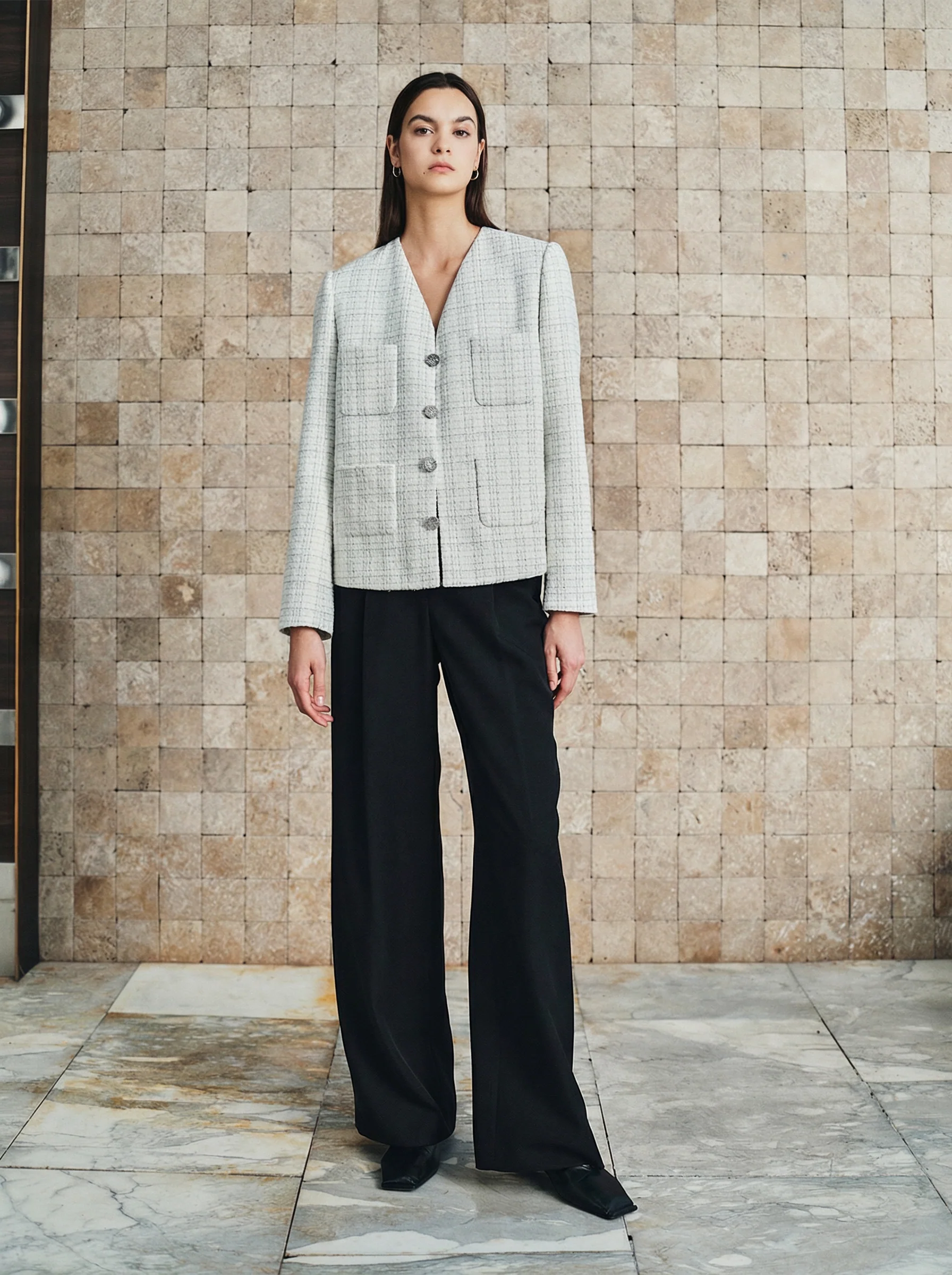 Silver Grid V-Neck Tweed Jacket - Image 2