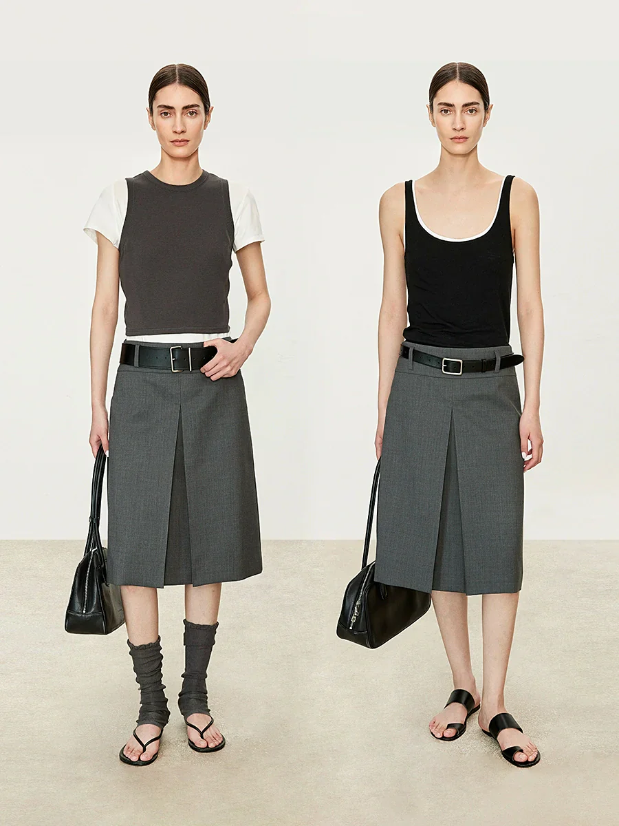 Single-Pleat Stretch Wool Midi Skirt - Image 3