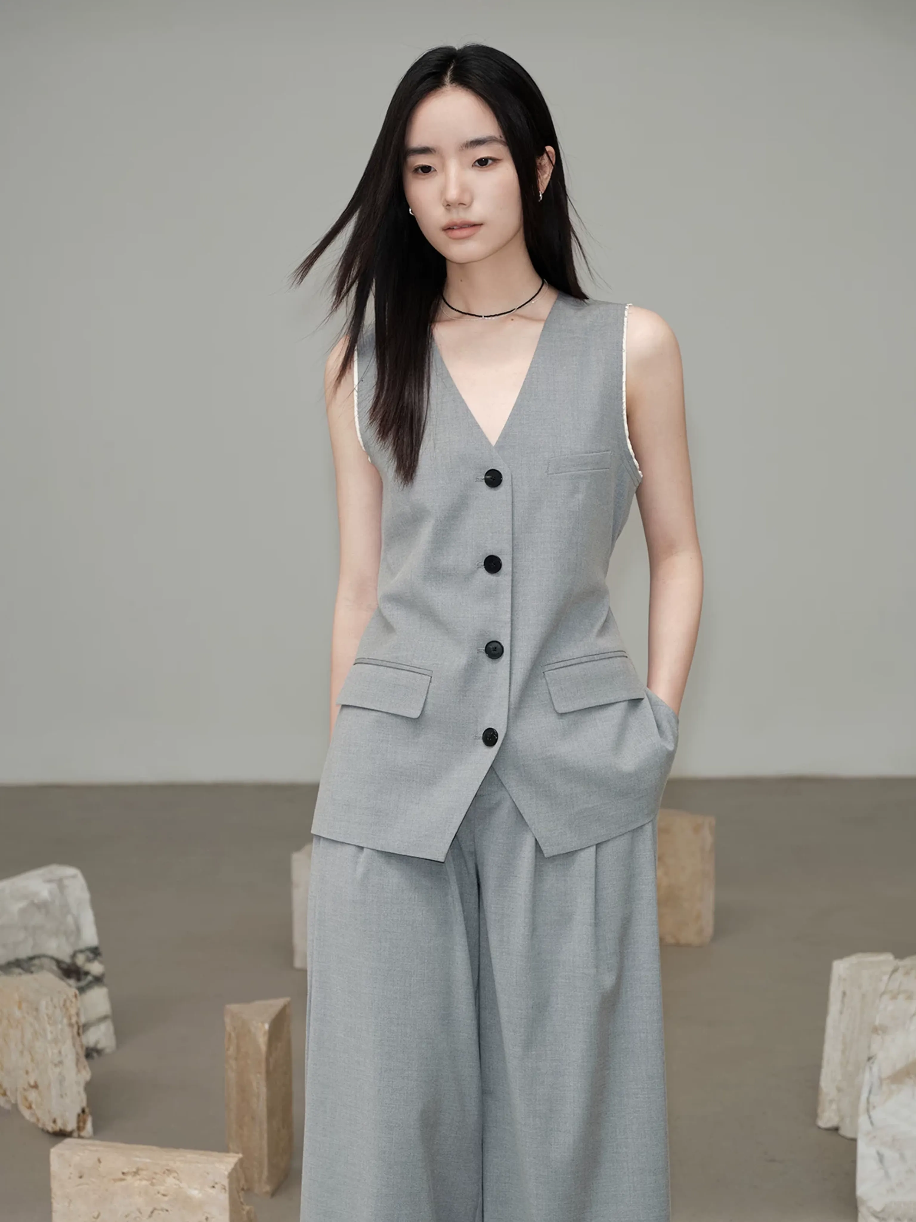 Sleeveless Vest and Pleated Wide-Leg Trousers Set