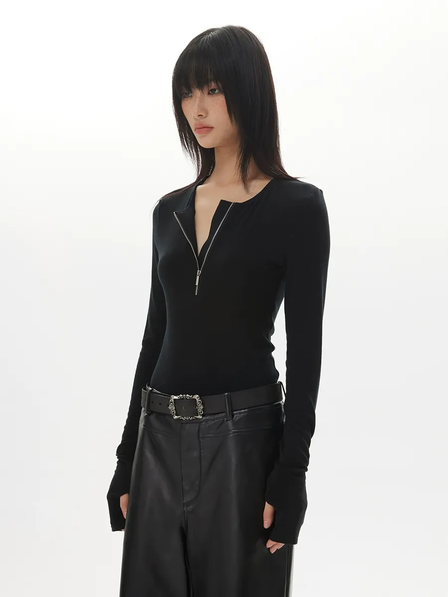 Solid Color Zipper Henley Top