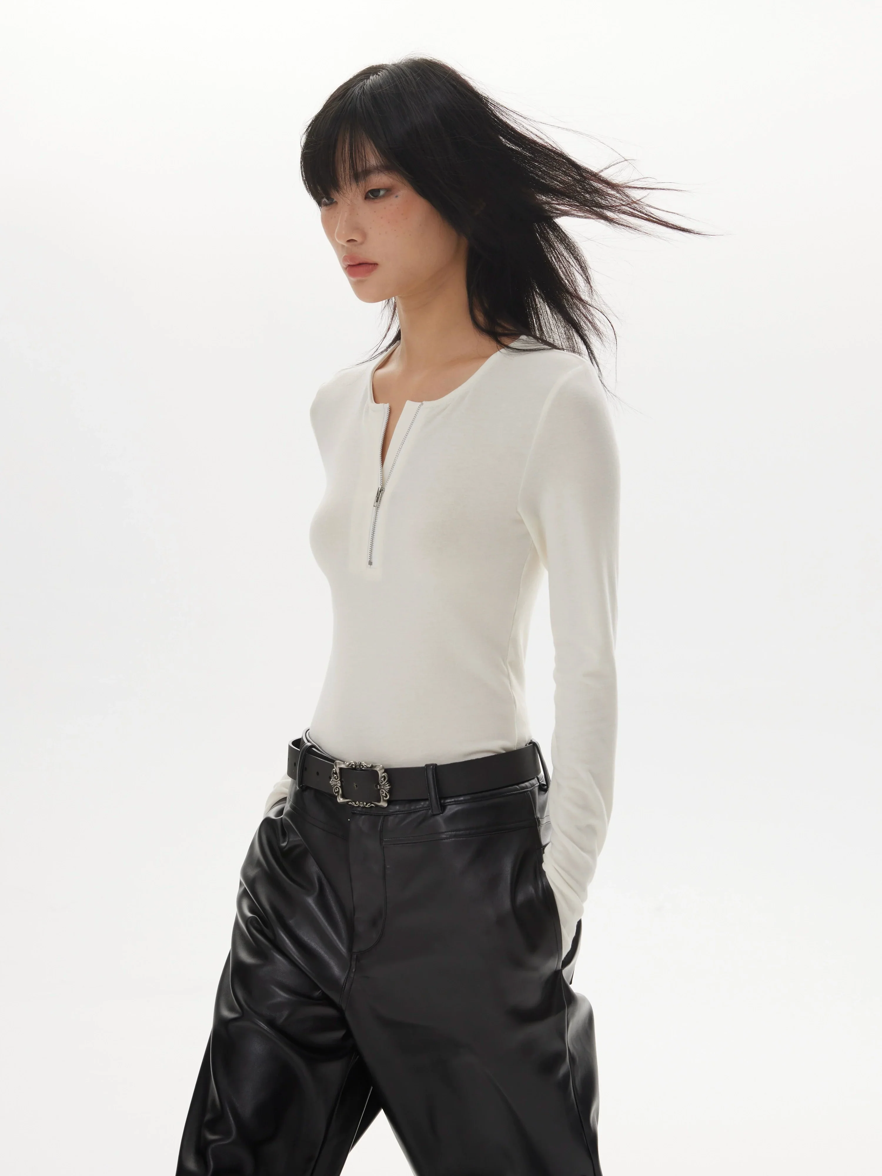 Solid Color Zipper Henley Top - Image 2