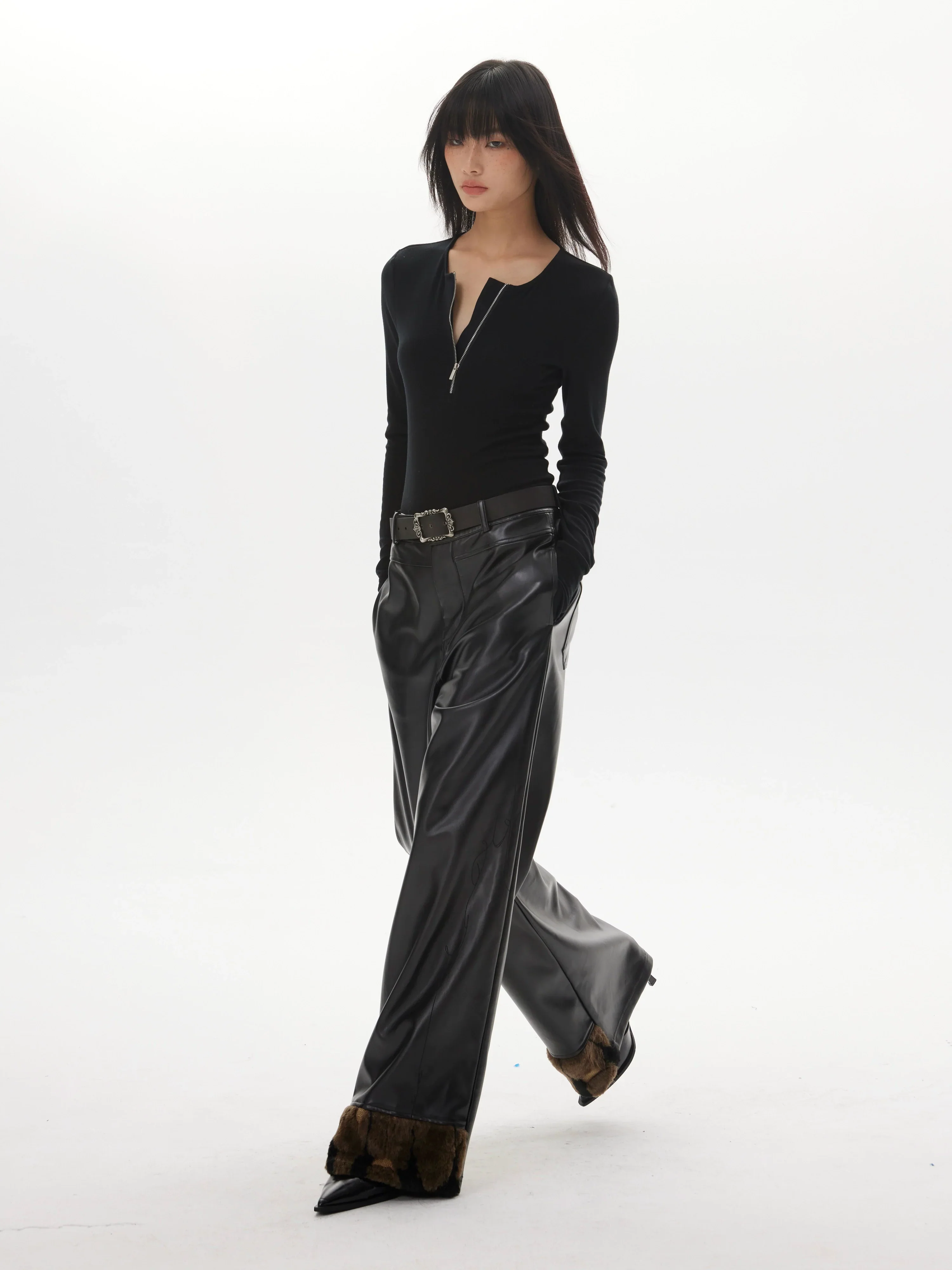 Solid Color Zipper Henley Top - Image 3