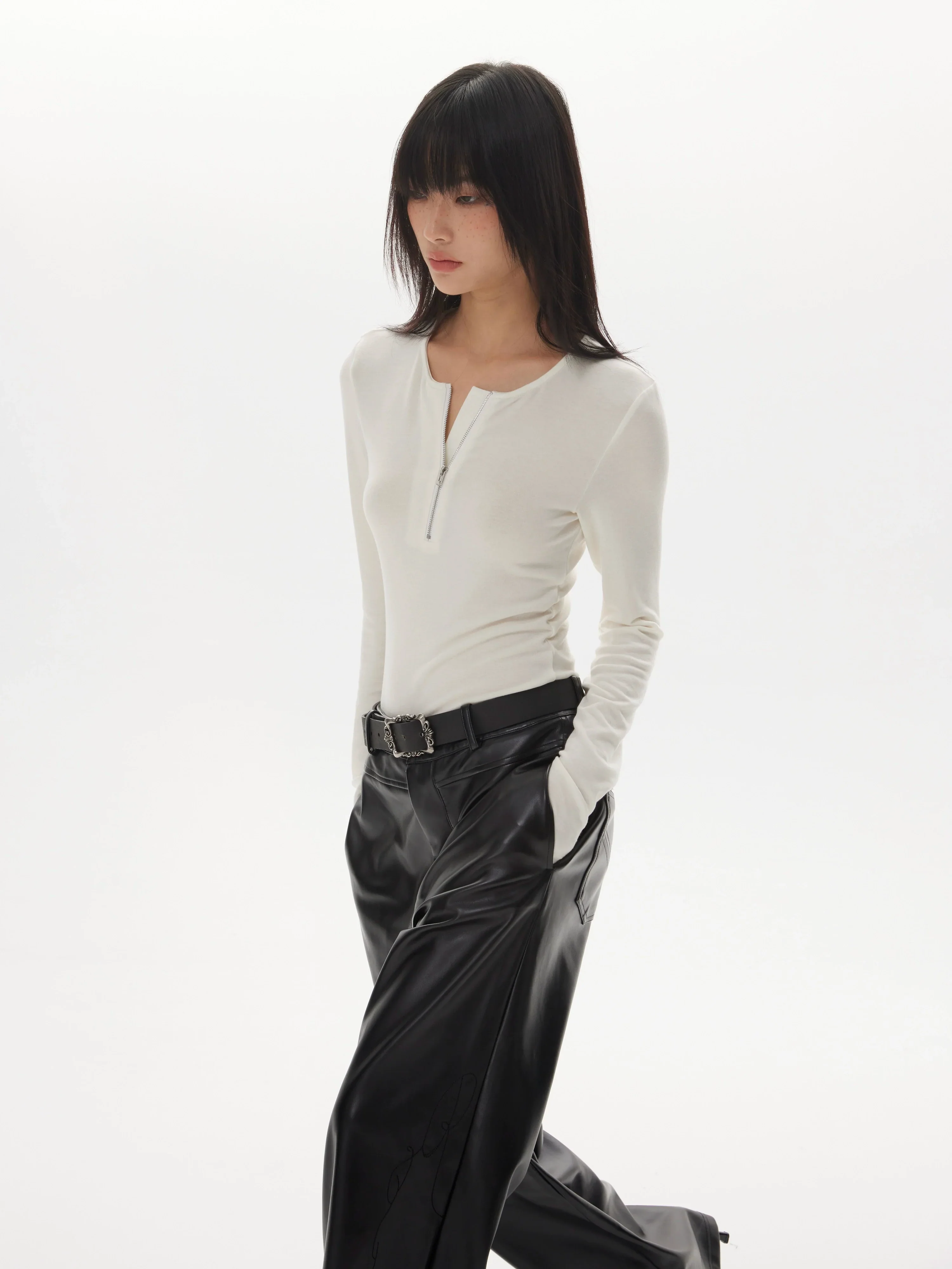 Solid Color Zipper Henley Top - Image 4