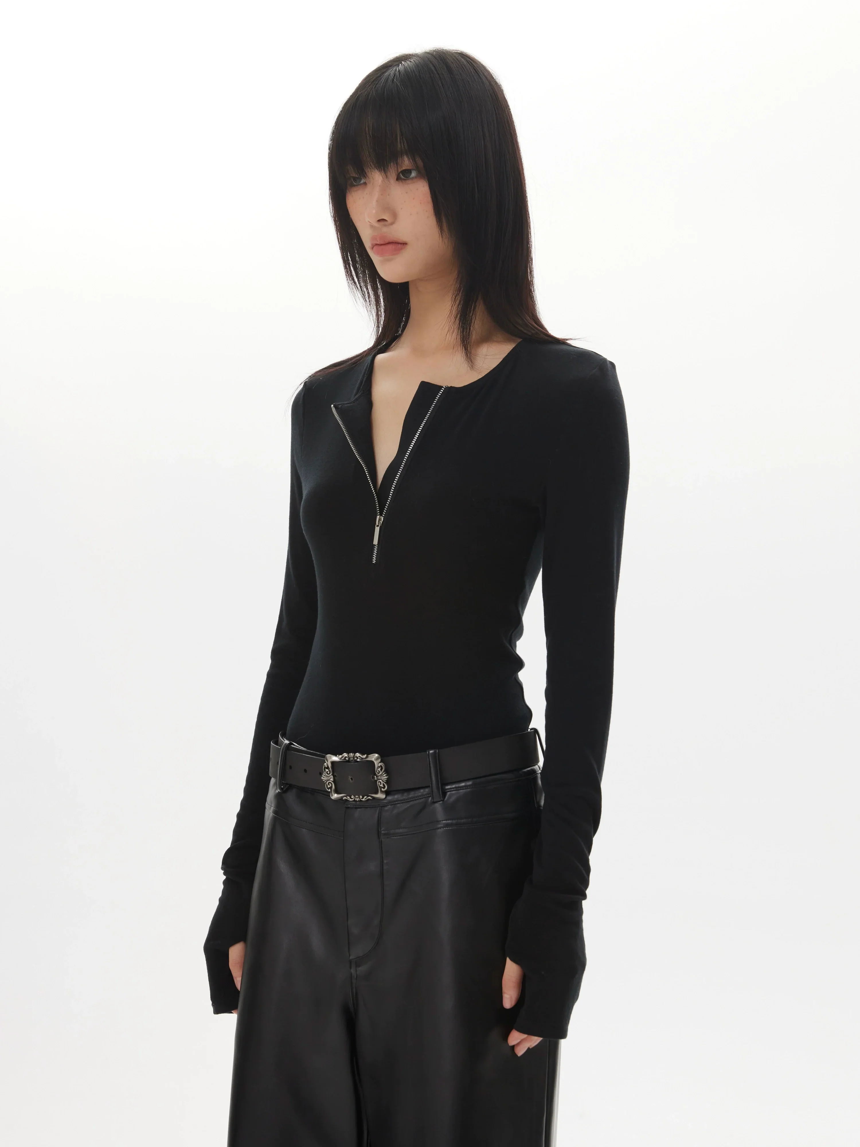 Solid Color Zipper Henley Top - Image 5