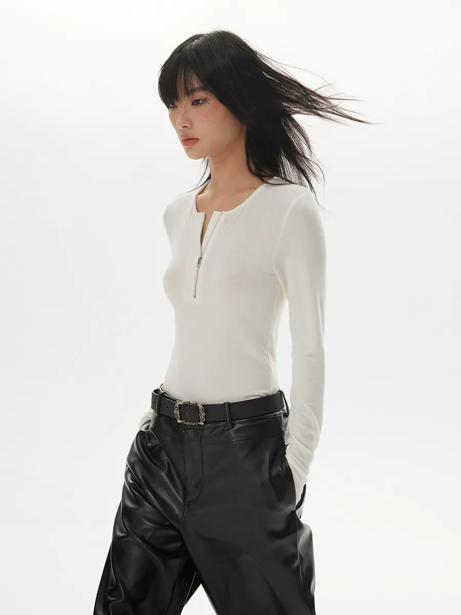 Solid Color Zipper Henley Top - Image 6