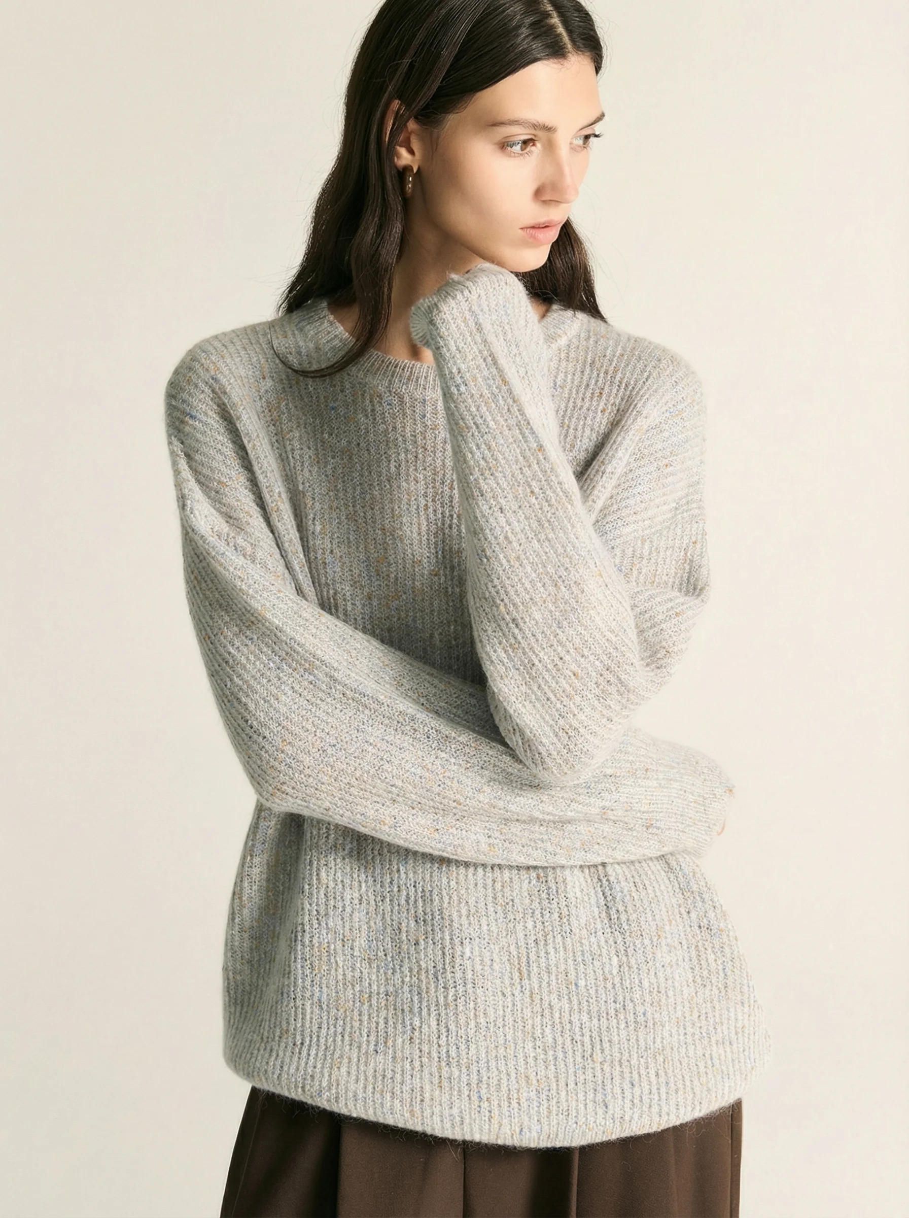Speckled Mohair Rib Crewneck Sweater