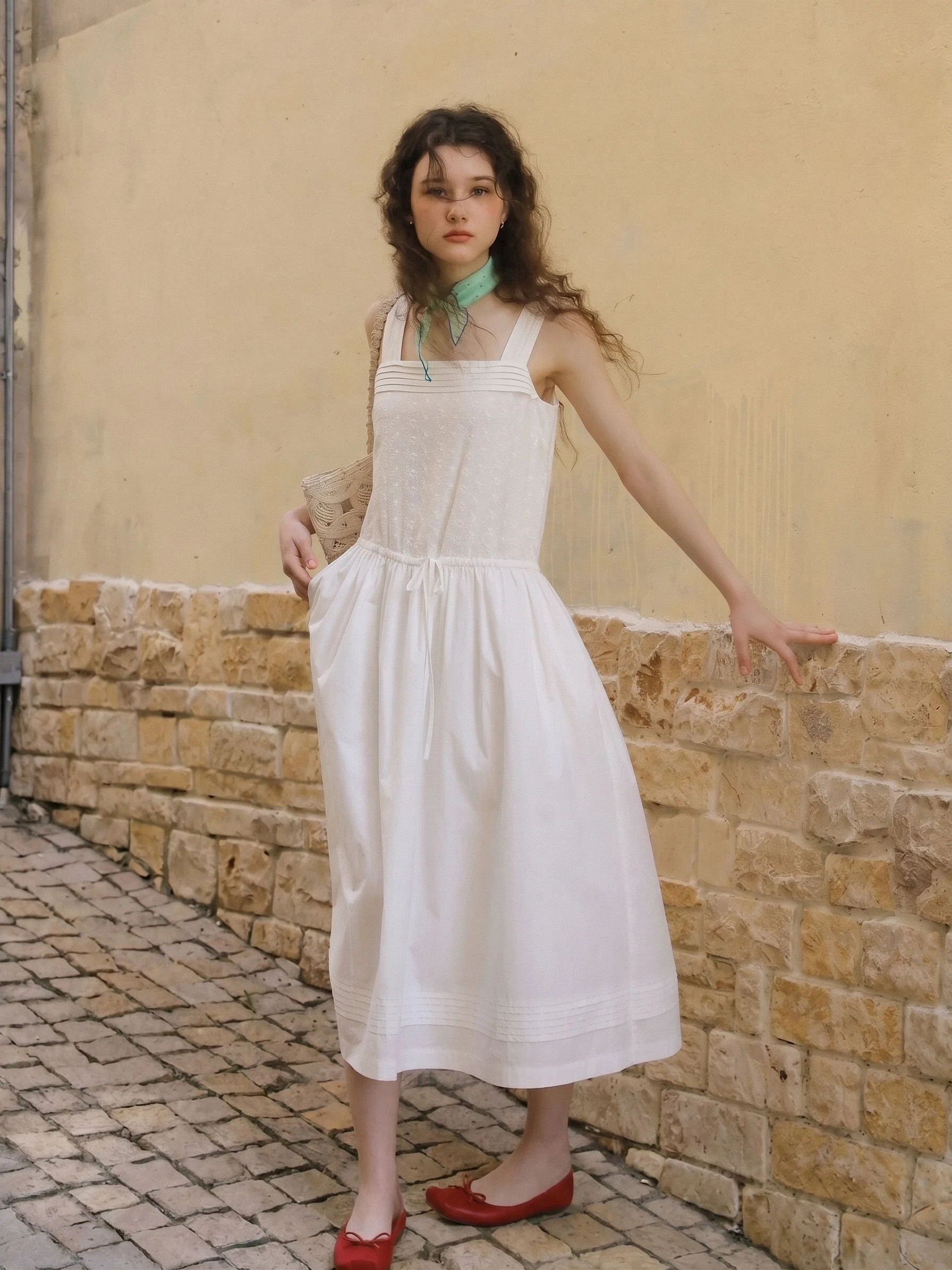 Square-Neck Drawstring Dress