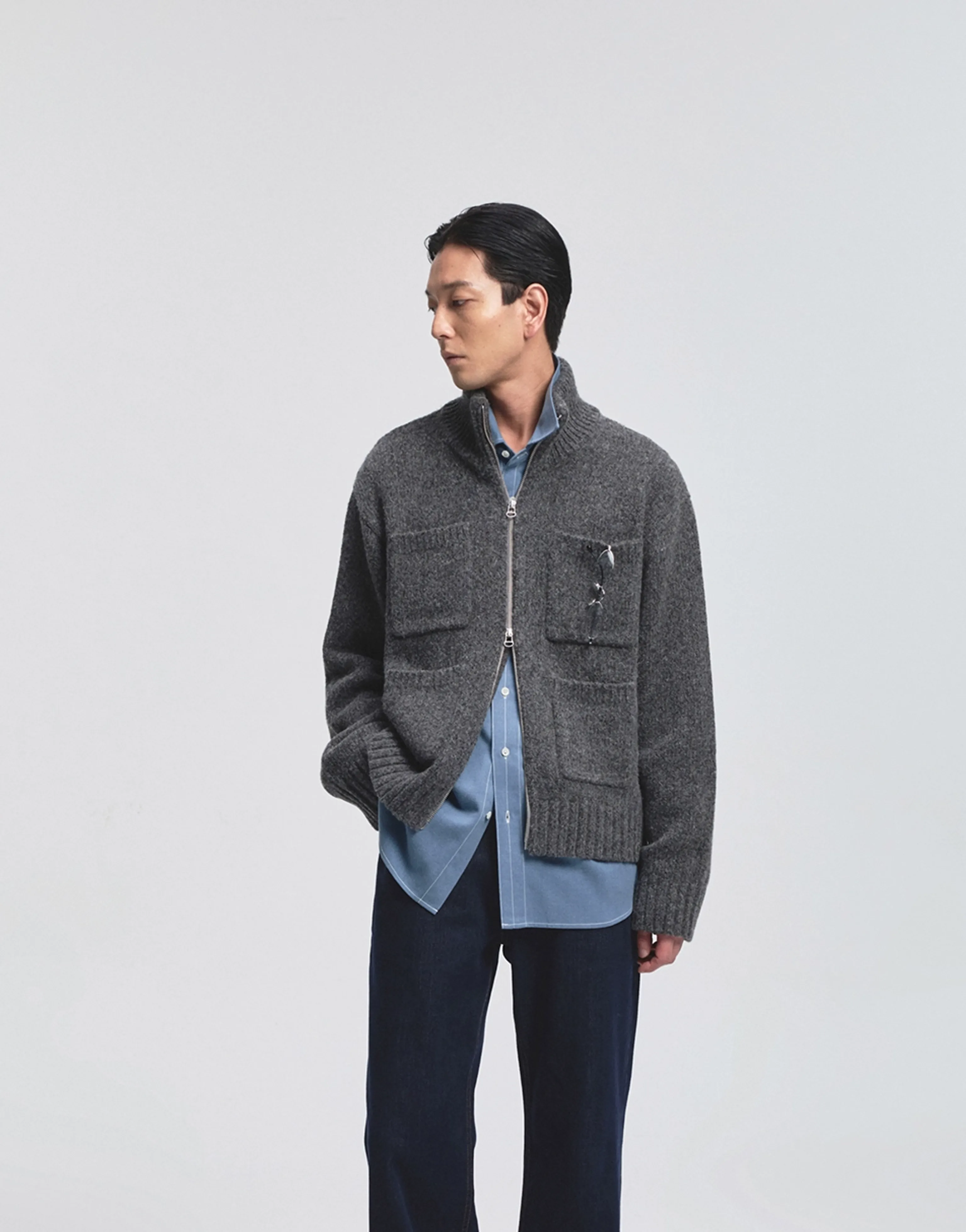 Stand-Collar Alpaca Wool Blend Zip Cardigan - Image 2
