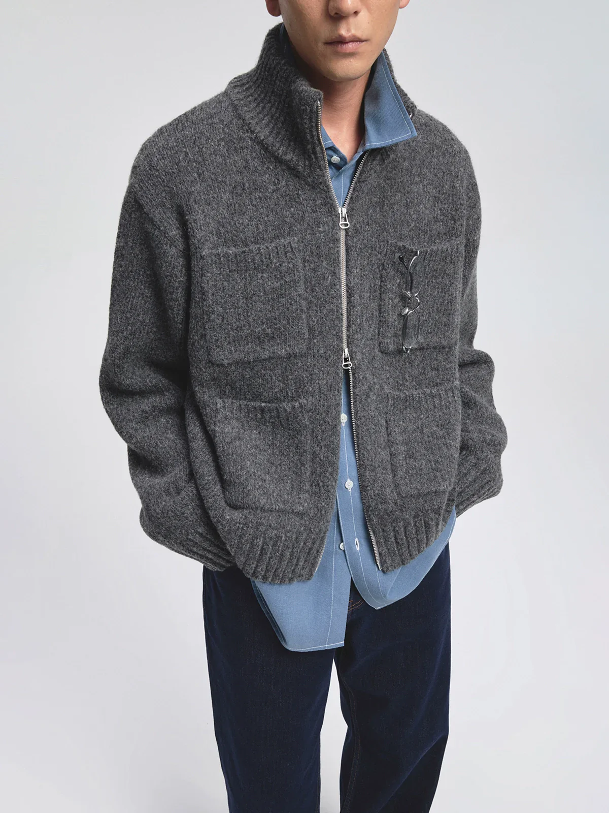 Stand-Collar Alpaca Wool Blend Zip Cardigan - Image 3