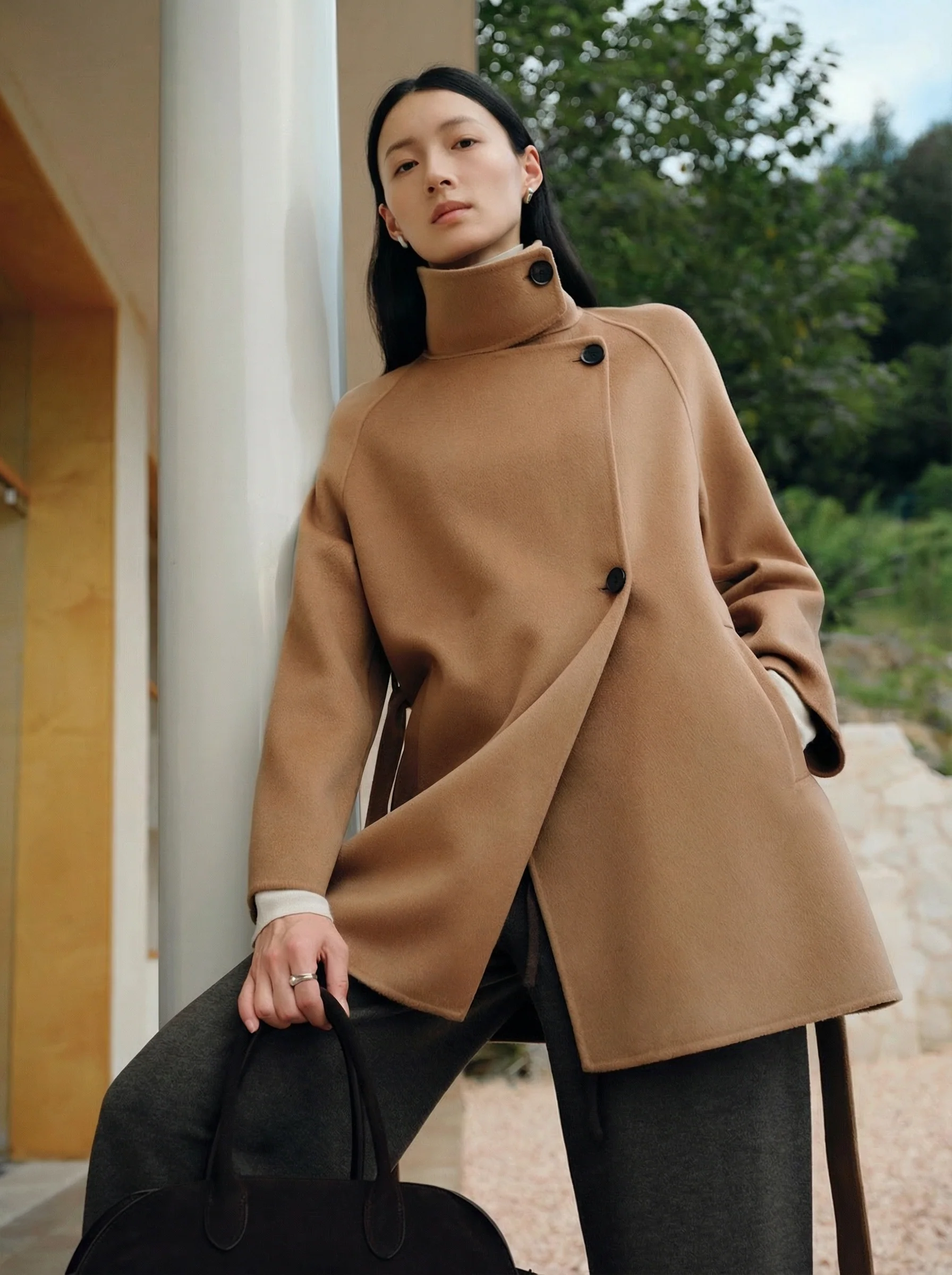 Stand-Collar Belted Cashmere Coat