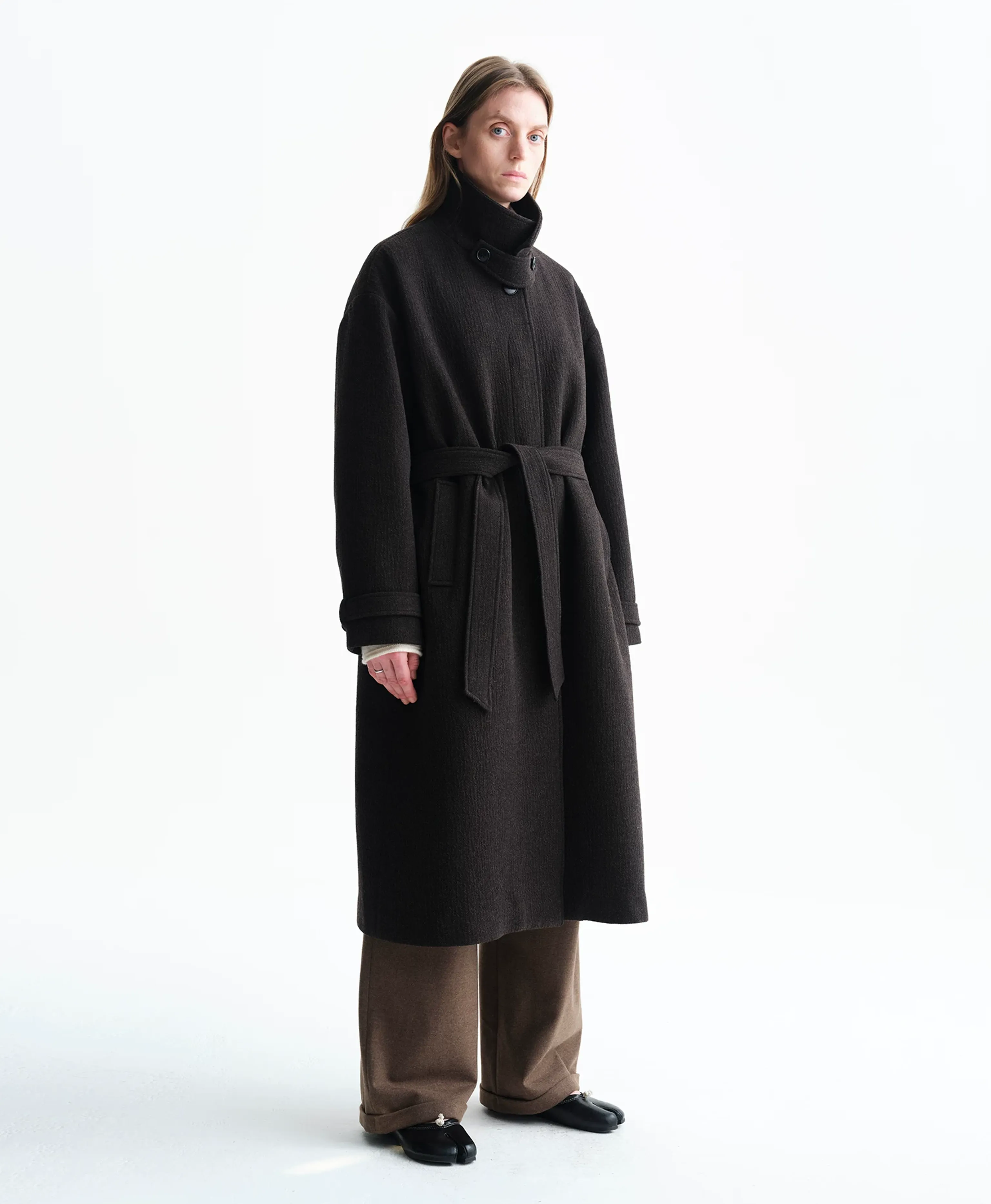 Stand-Collar Belted Long Coat