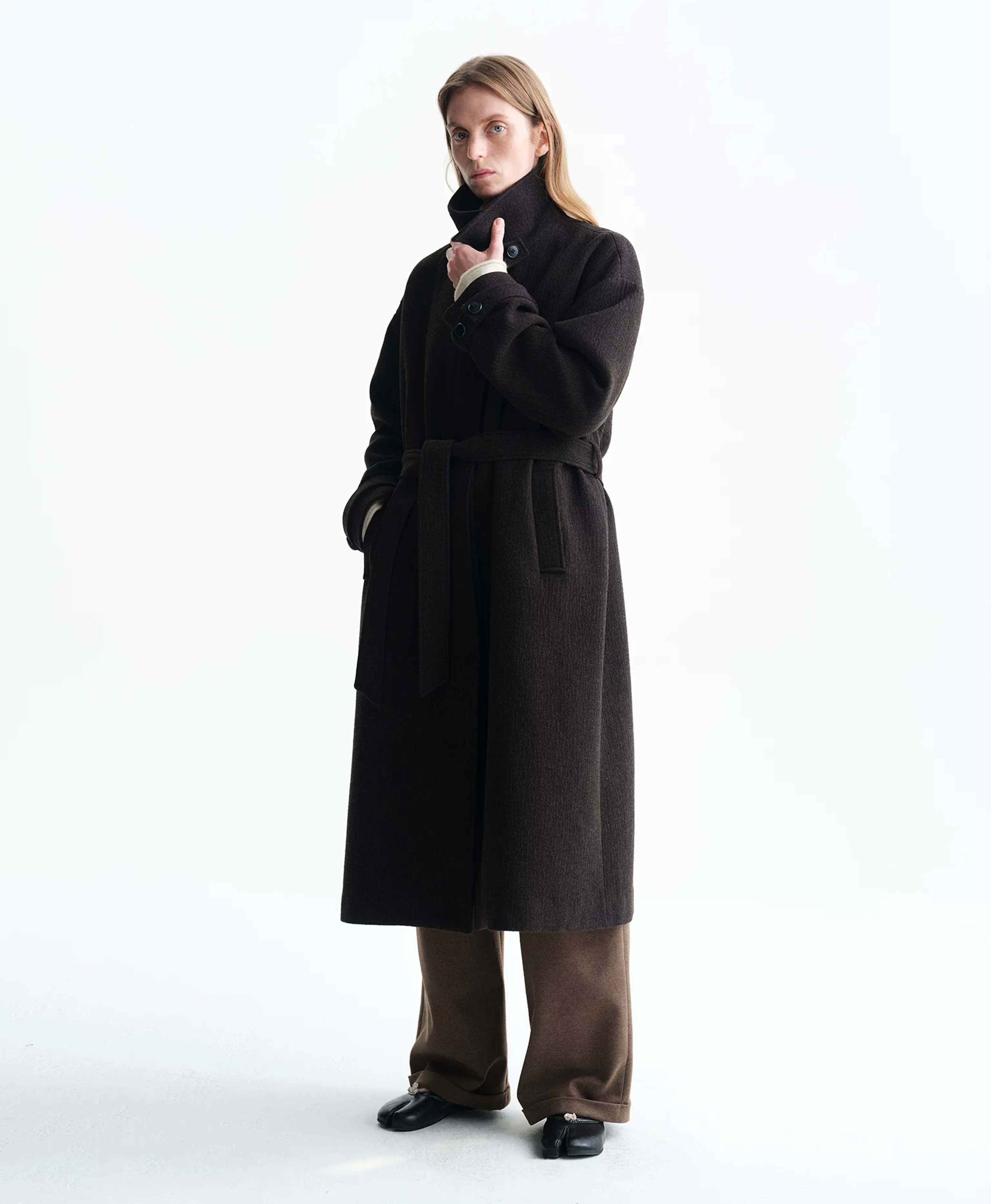 Stand-Collar Belted Long Coat - Image 2