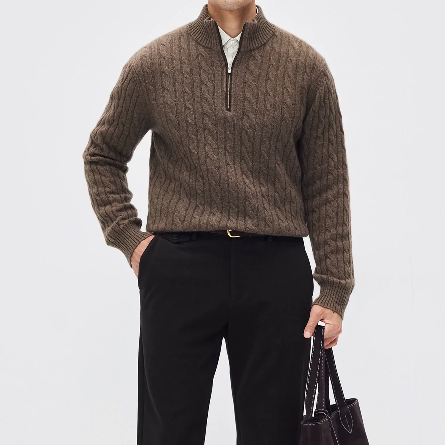 Stand-Collar Cable-Knit Cashmere Half-Zip Sweater - Image 3