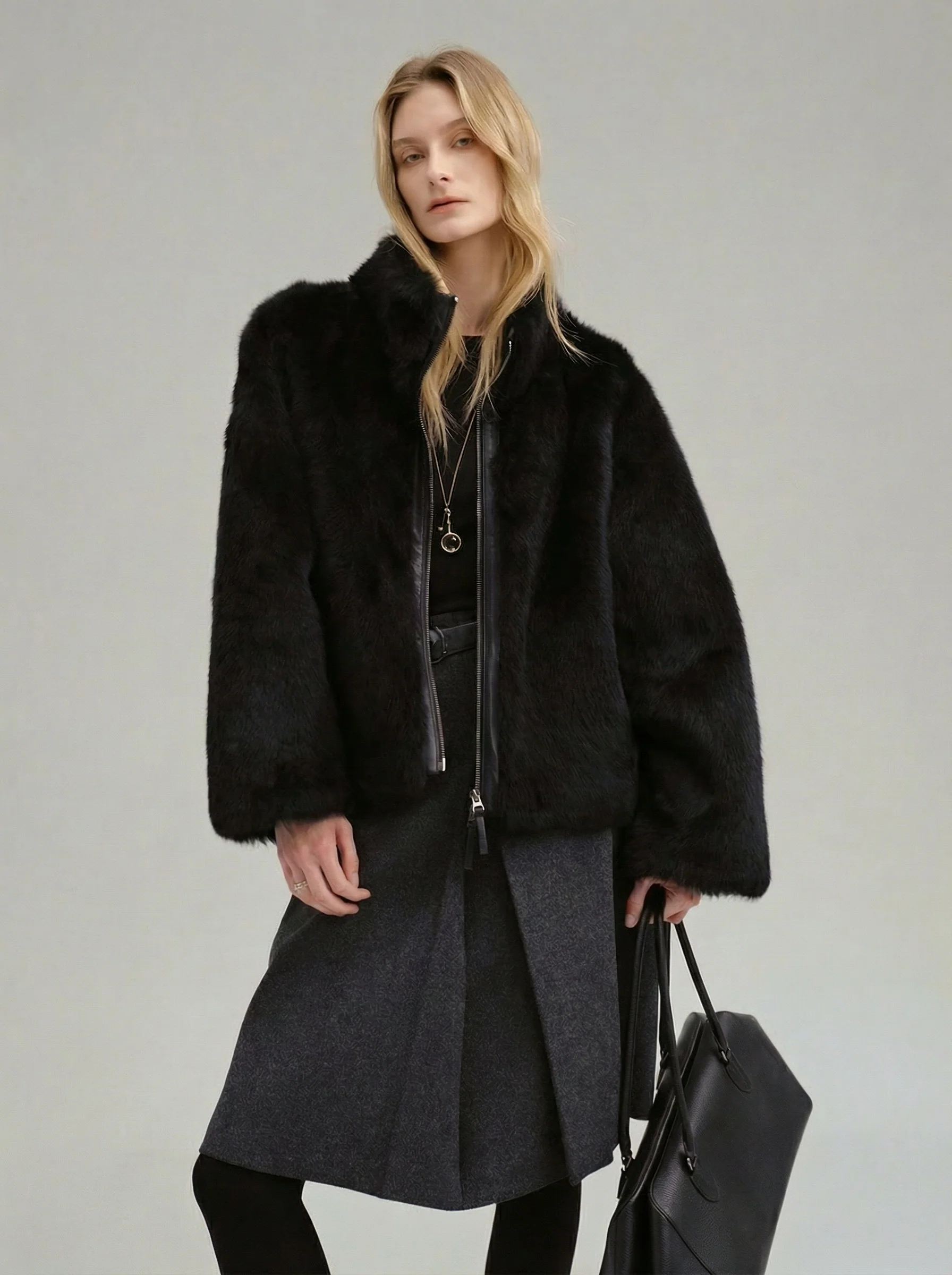 Stand-Collar Double-Zip Shearling Jacket