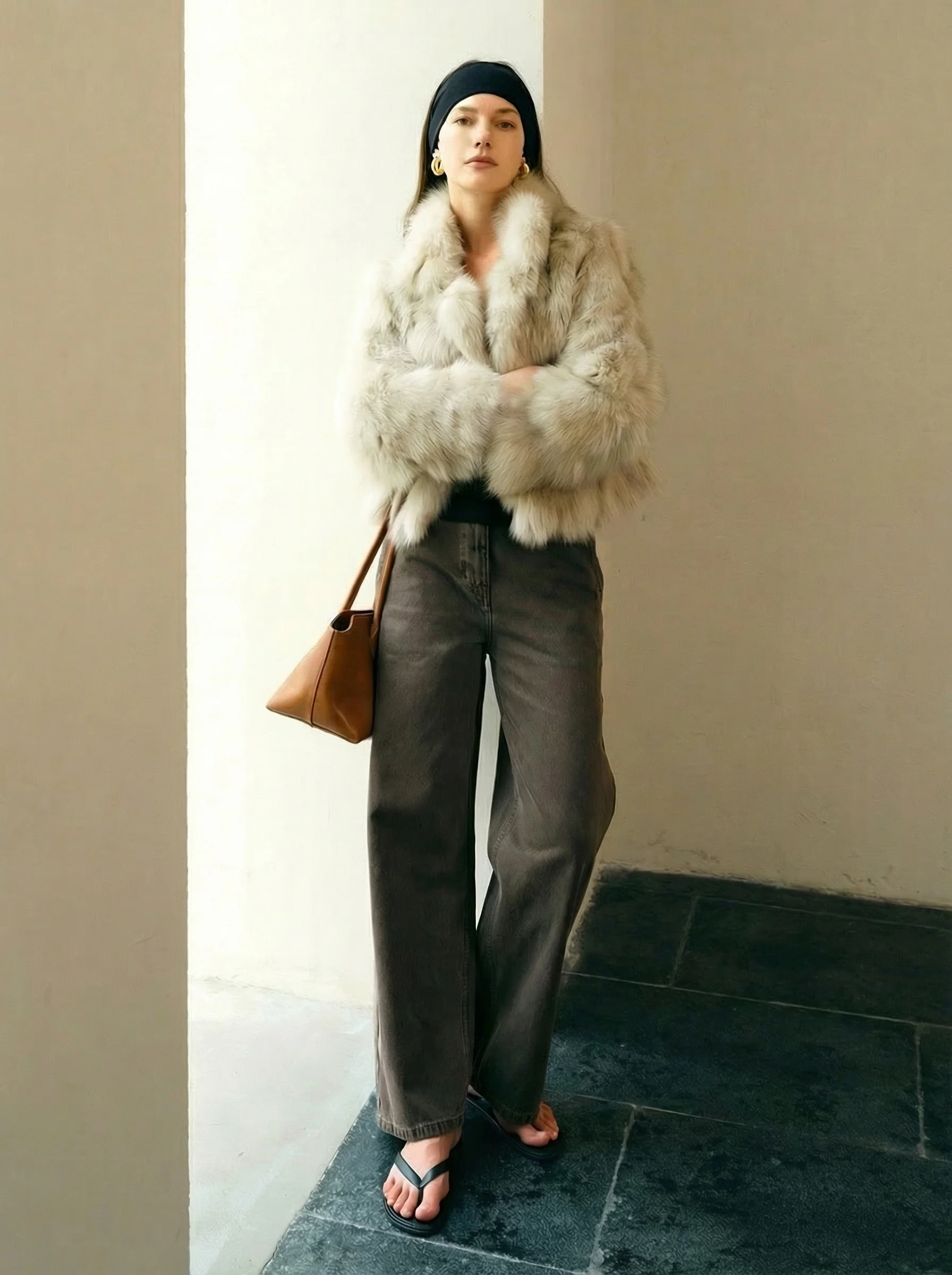 Stand Collar Gradient Fox Fur Jacket
