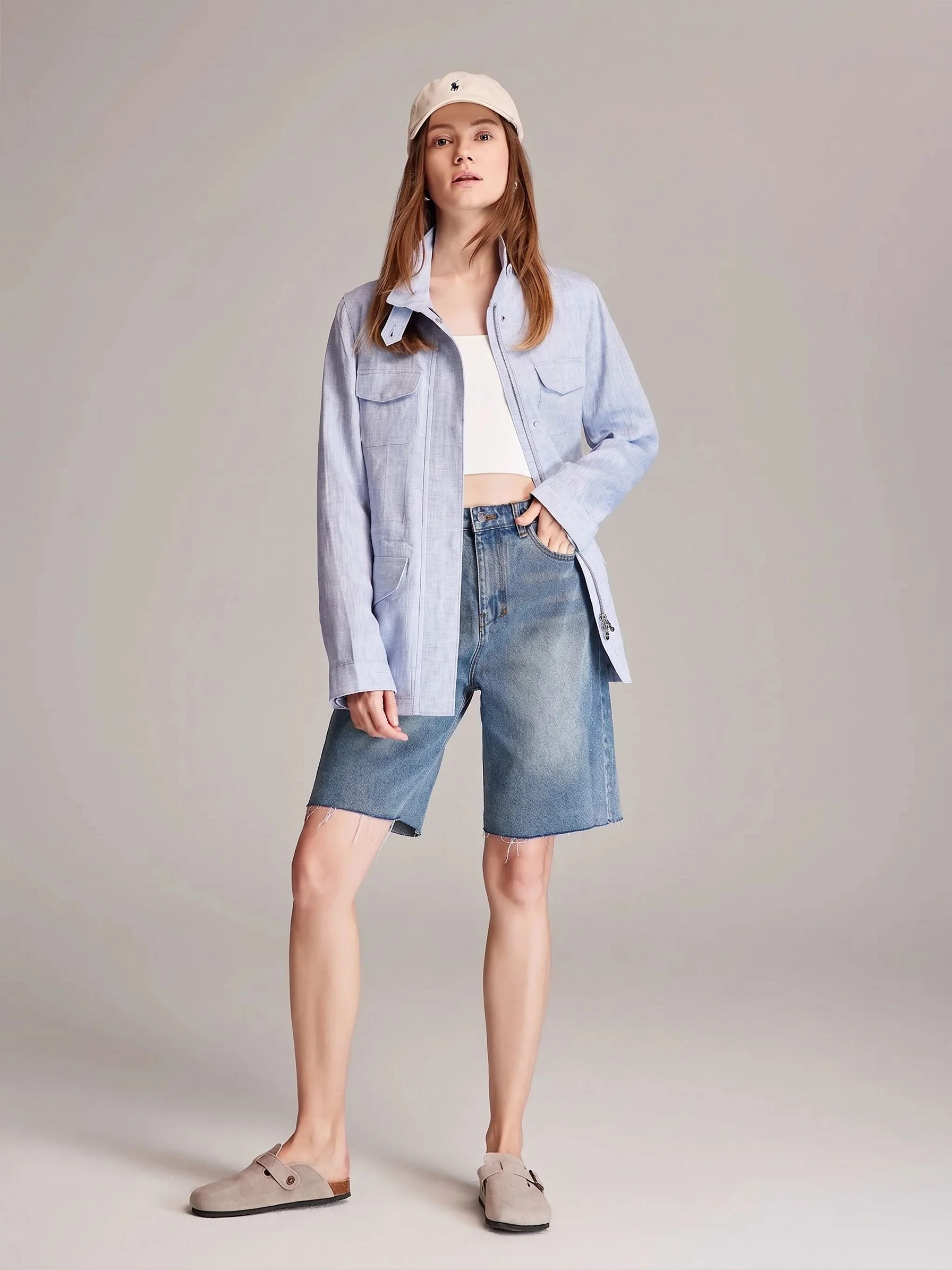 Stand Collar Linen Jacket - Image 5