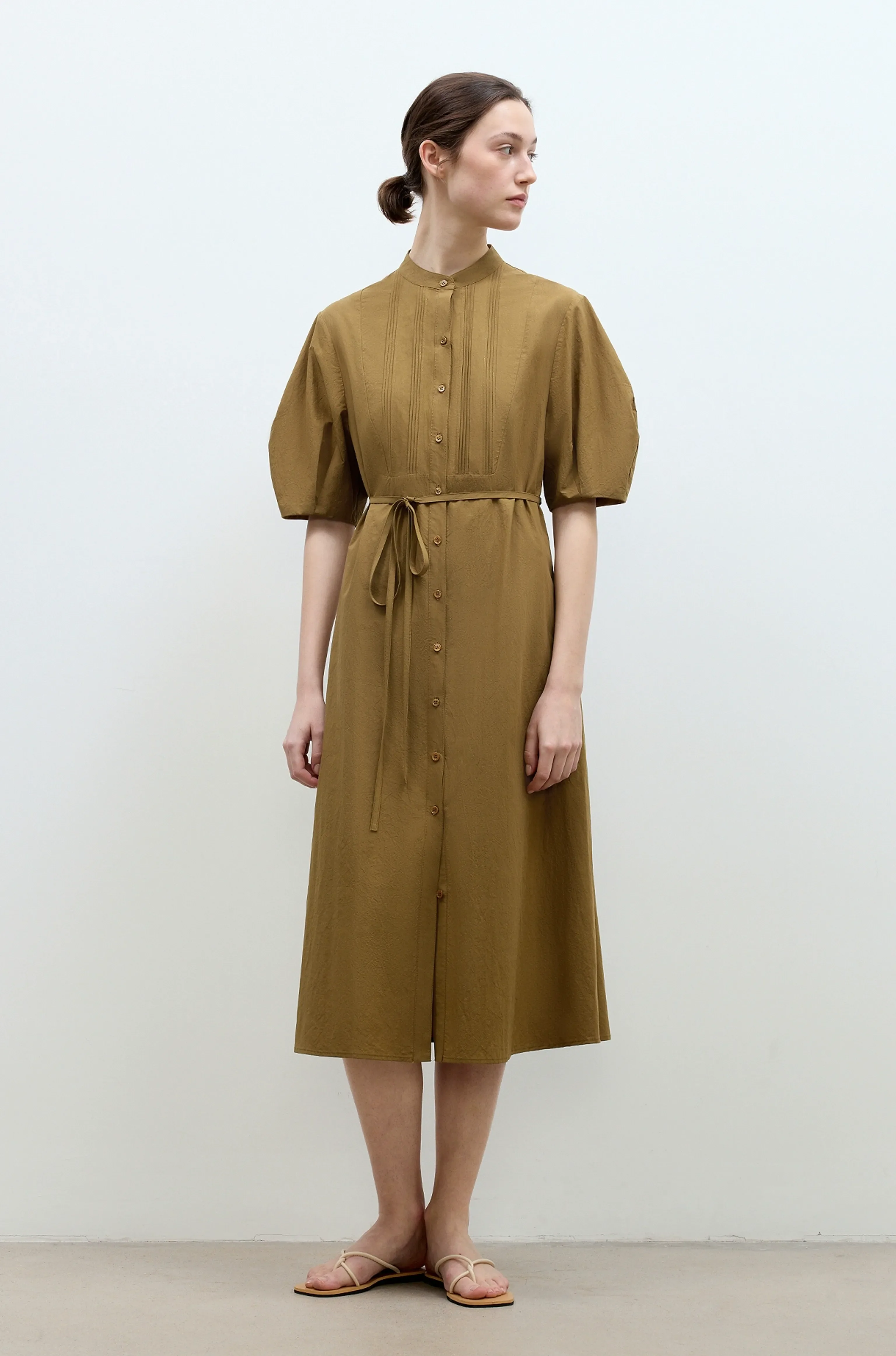 Stand Collar Pleated Shirt Dress - Image 3