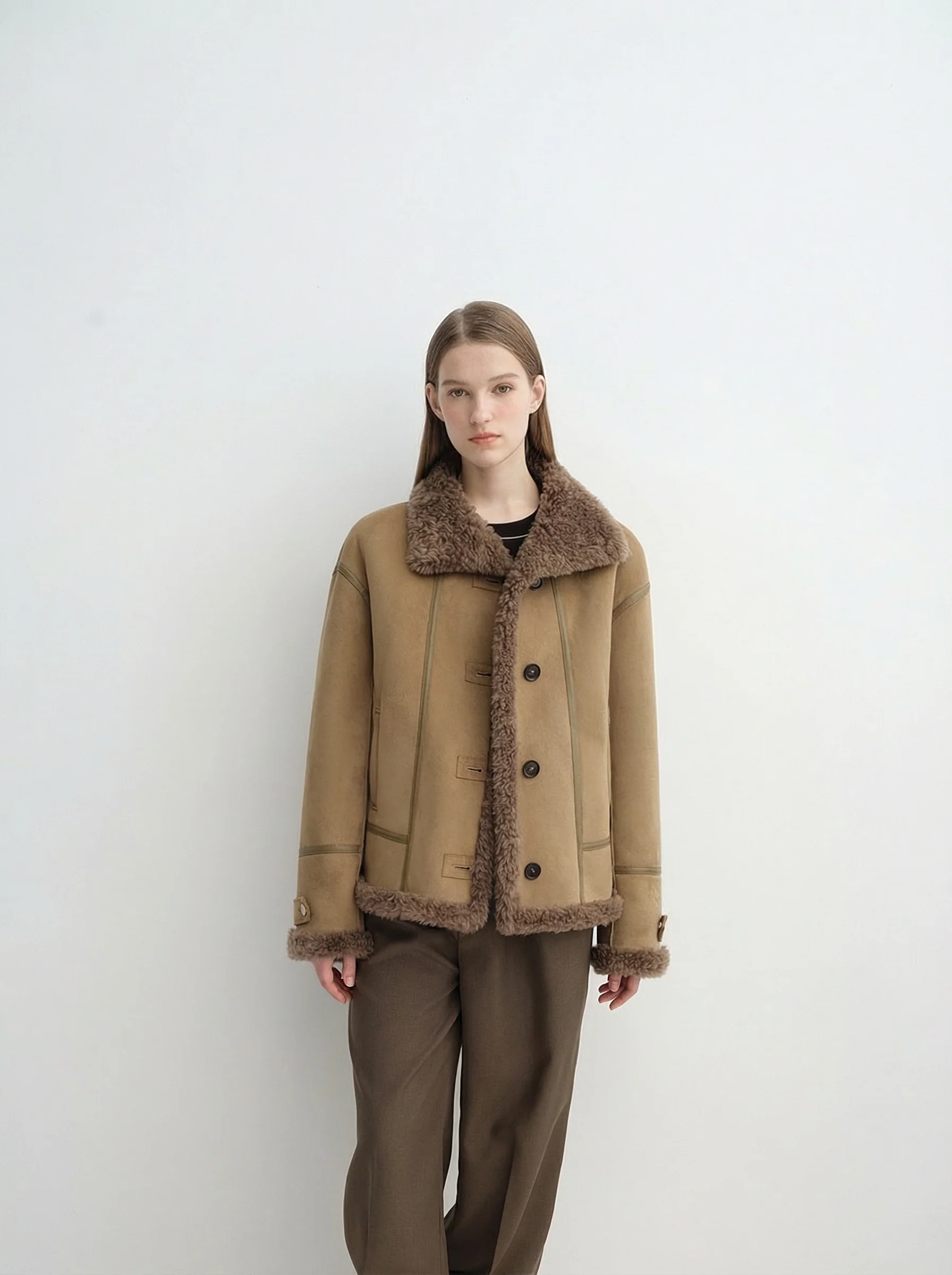 Stand-Collar Shearling-Trim Jacket