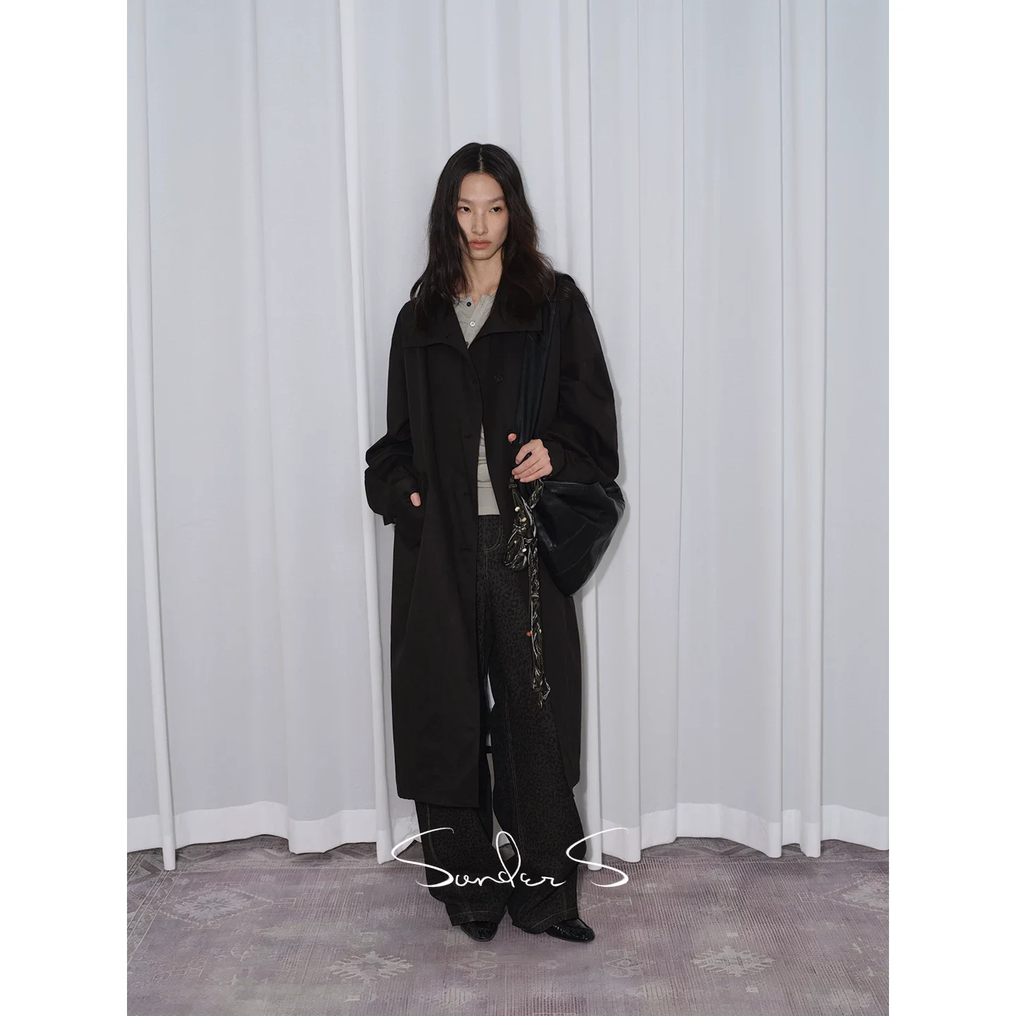 Stand-Collar Textured Trench Coat - Image 5