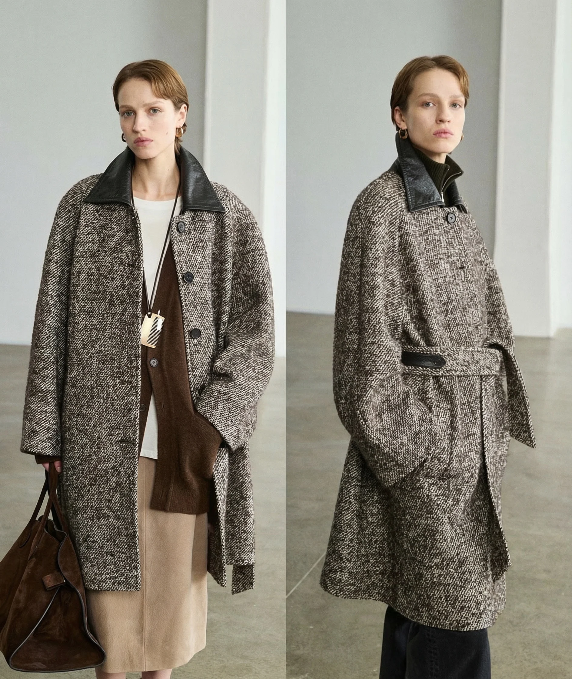 Stepped Wool Leather-Collar Coat - Image 3