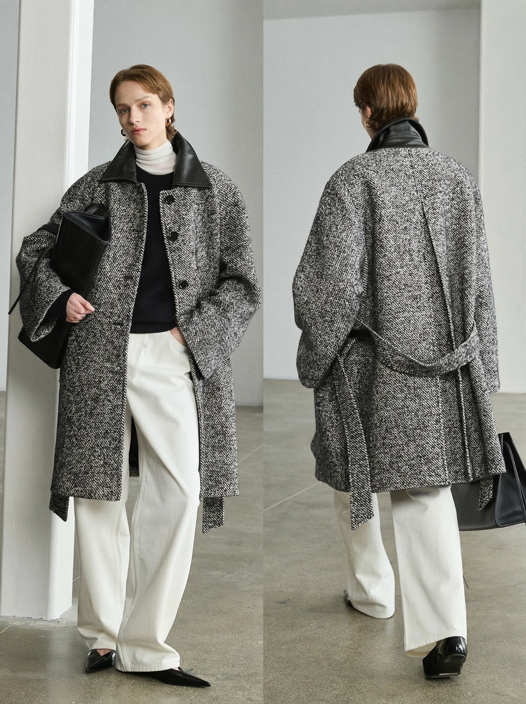Stepped Wool Leather-Collar Coat - Image 4