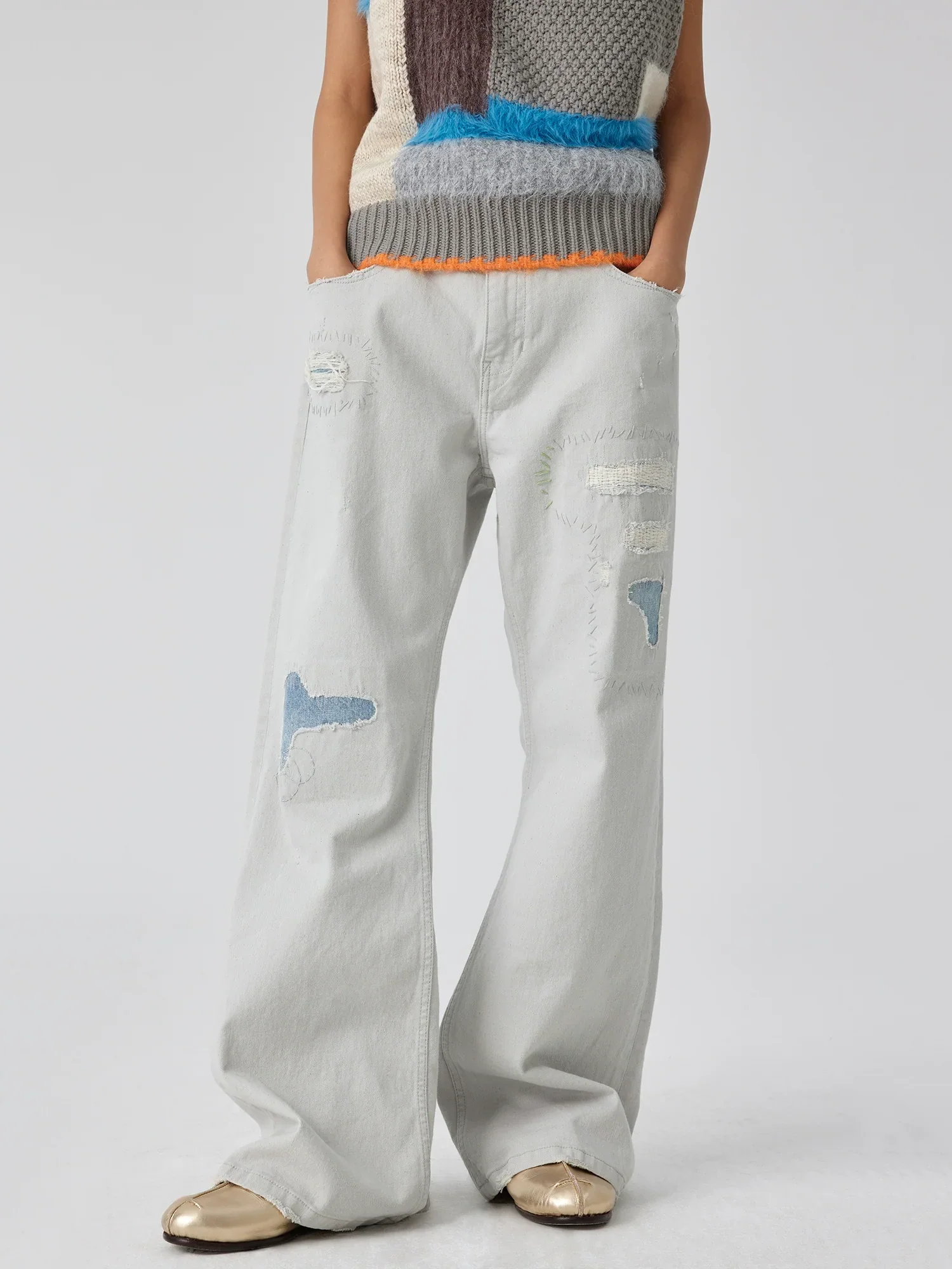Stone Grey Patchwork Flare Jeans