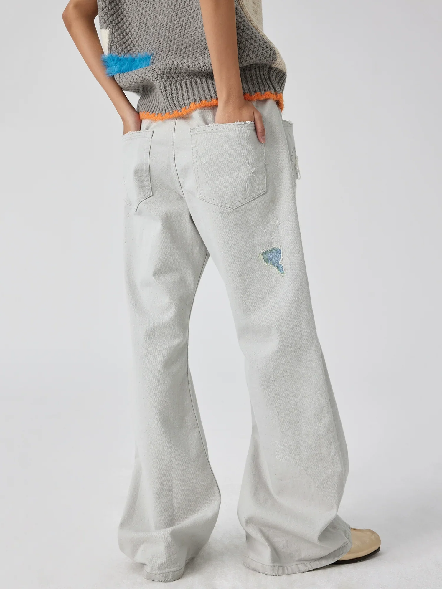 Stone Grey Patchwork Flare Jeans - Image 3