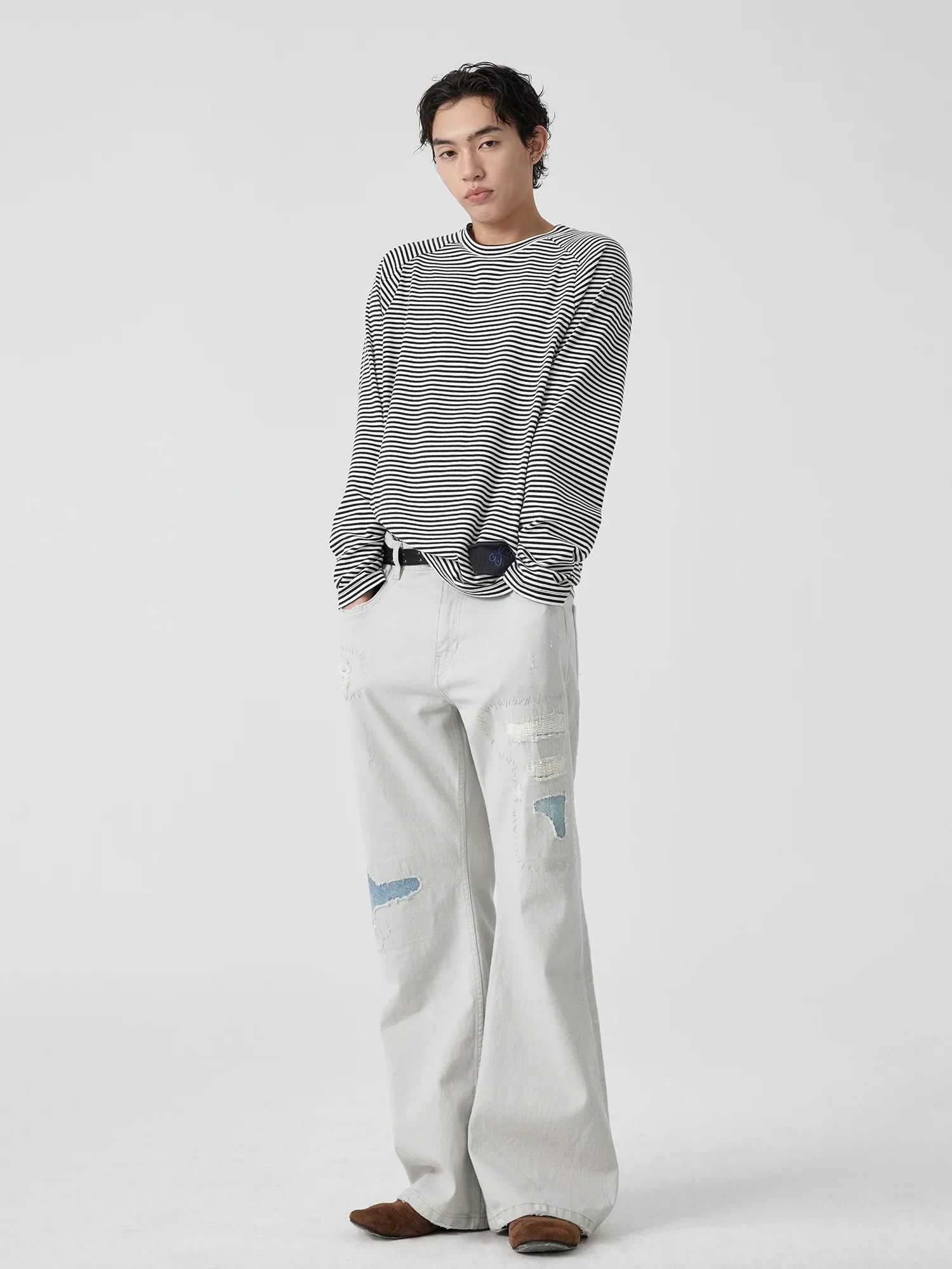 Stone Grey Patchwork Flare Jeans - Image 4