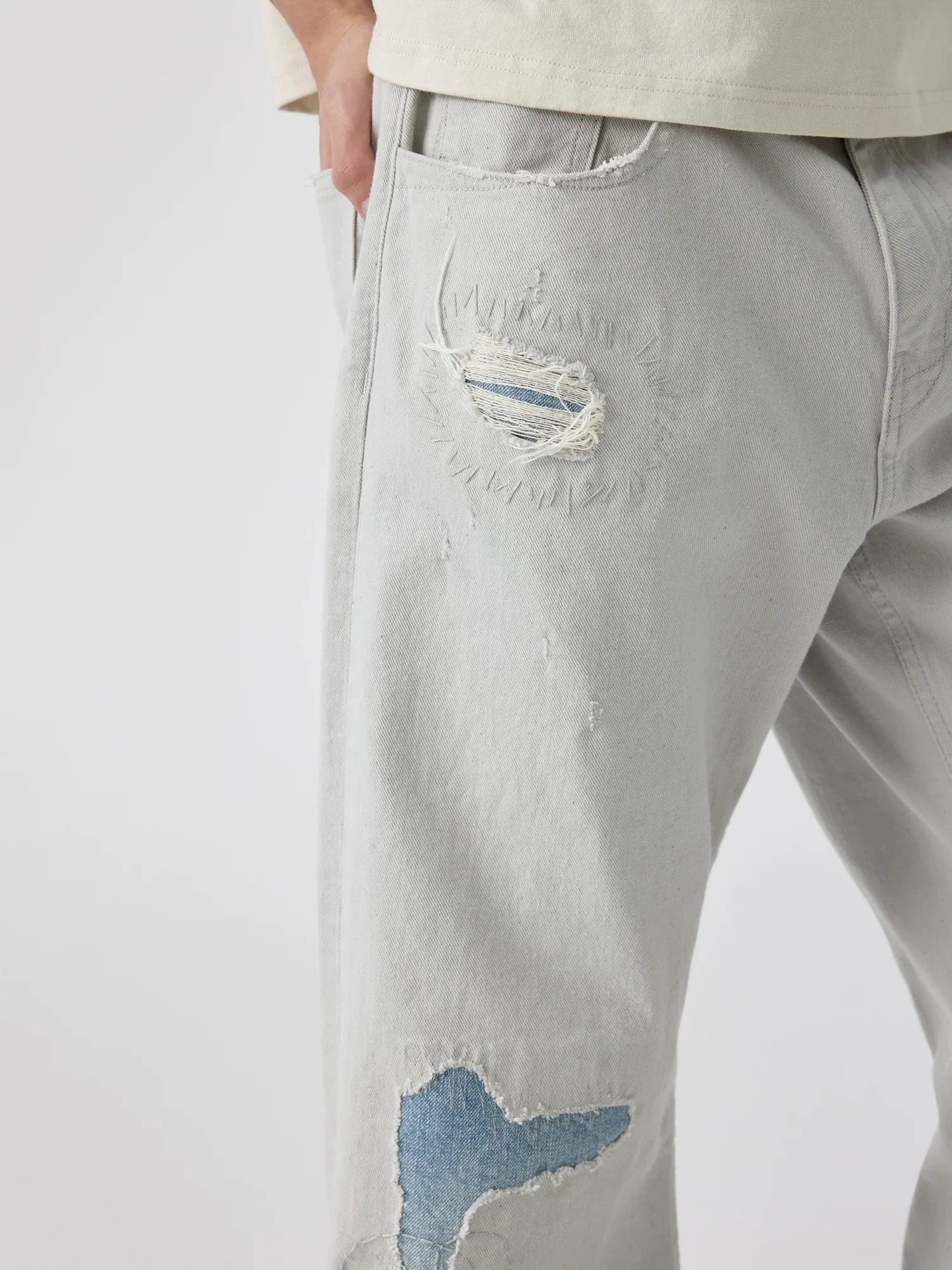 Stone Grey Patchwork Flare Jeans - Image 5