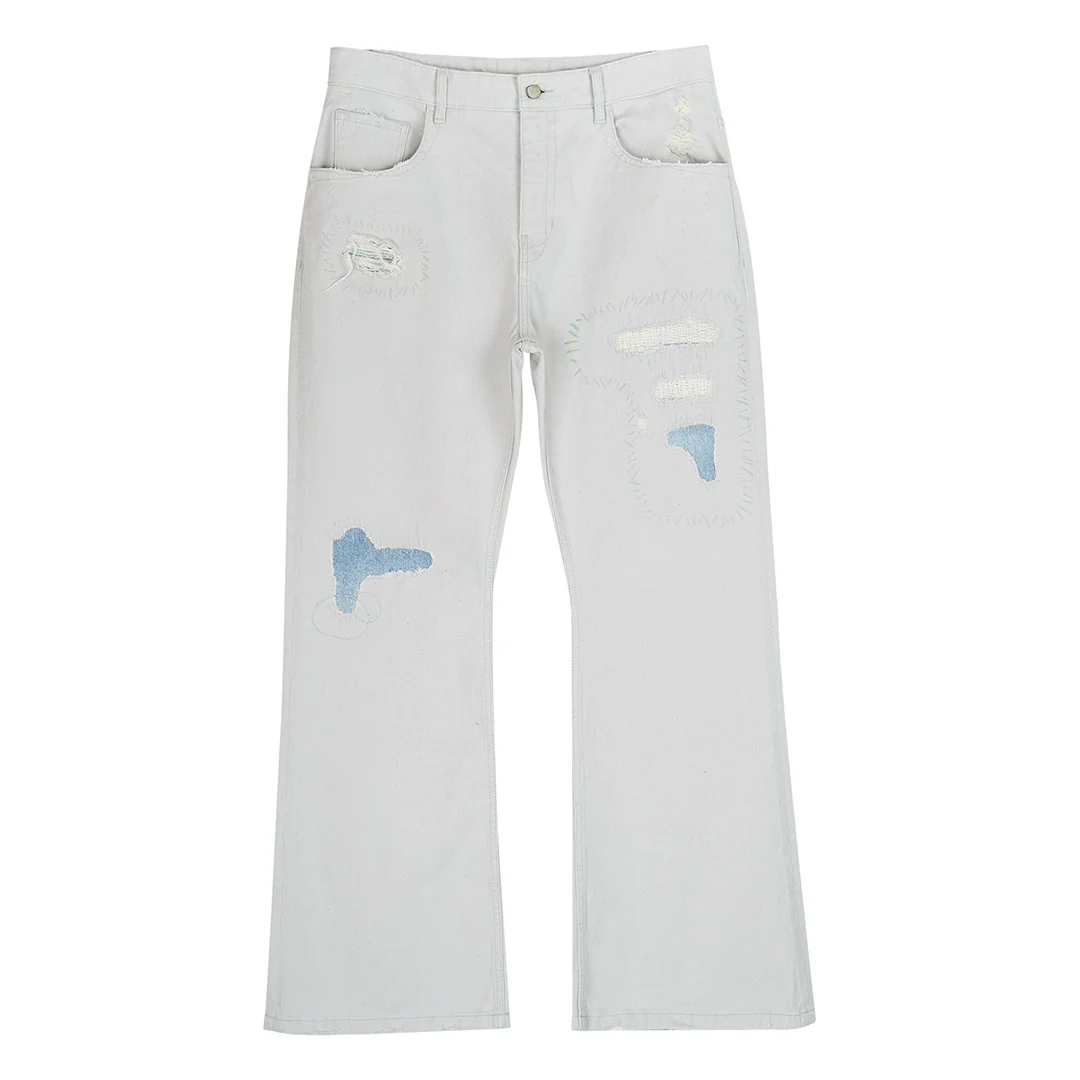 Stone Grey Patchwork Flare Jeans - Image 6