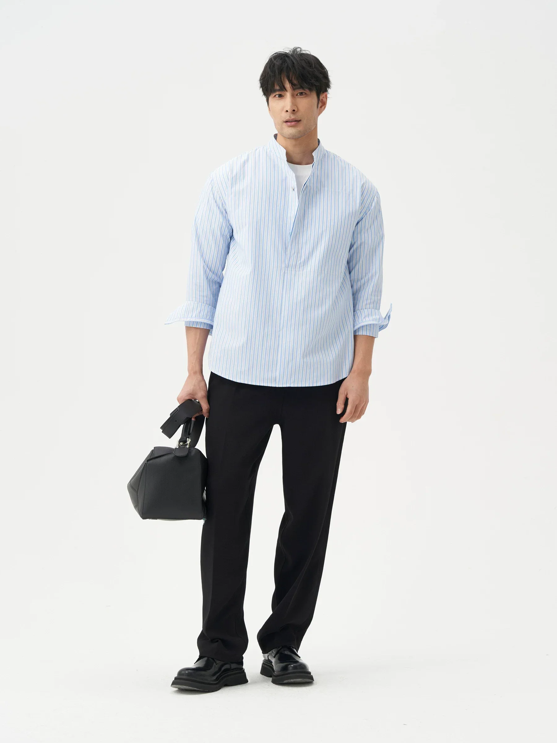 Striped Band-Collar Shirt