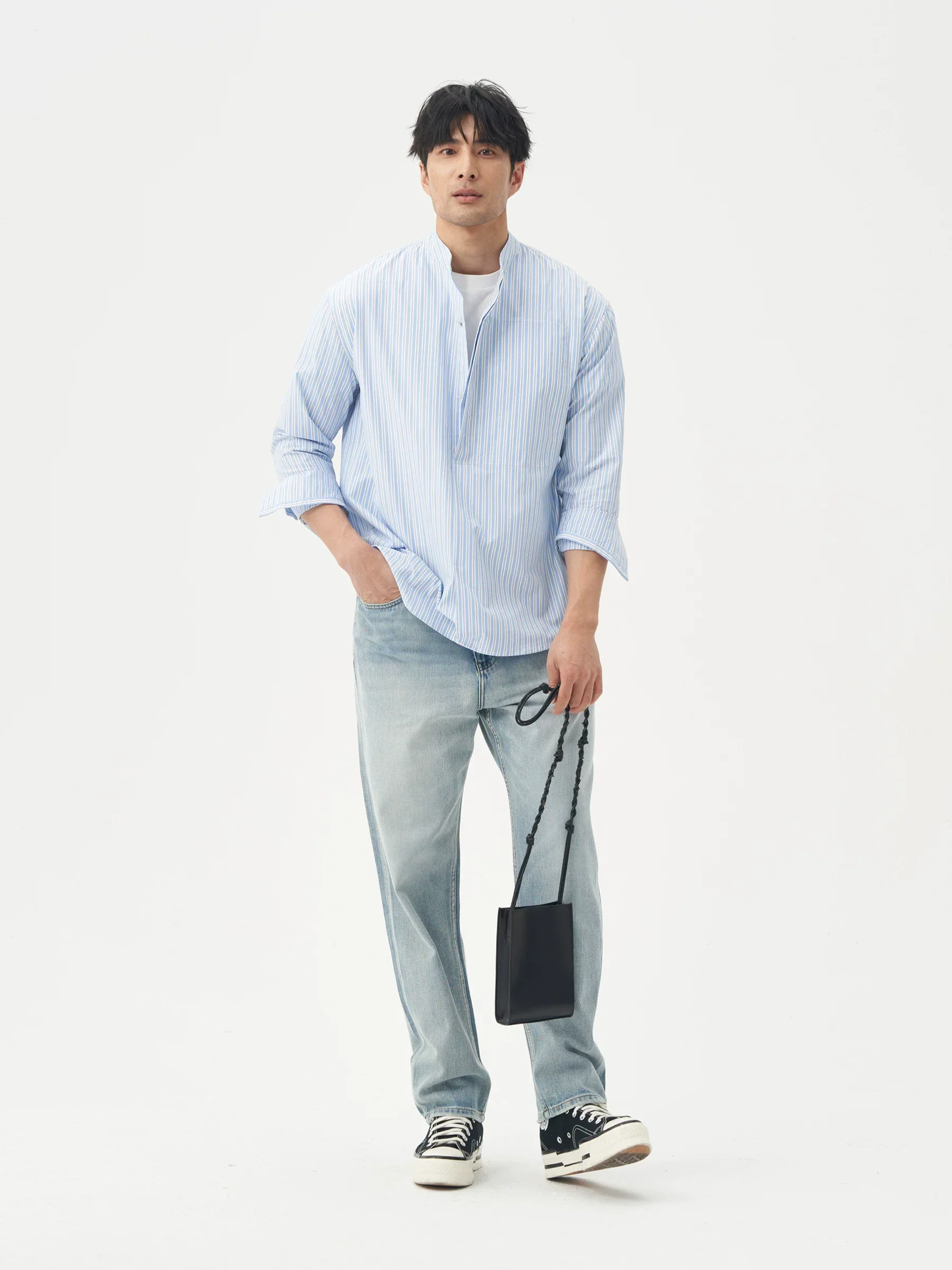 Striped Band-Collar Shirt - Image 2