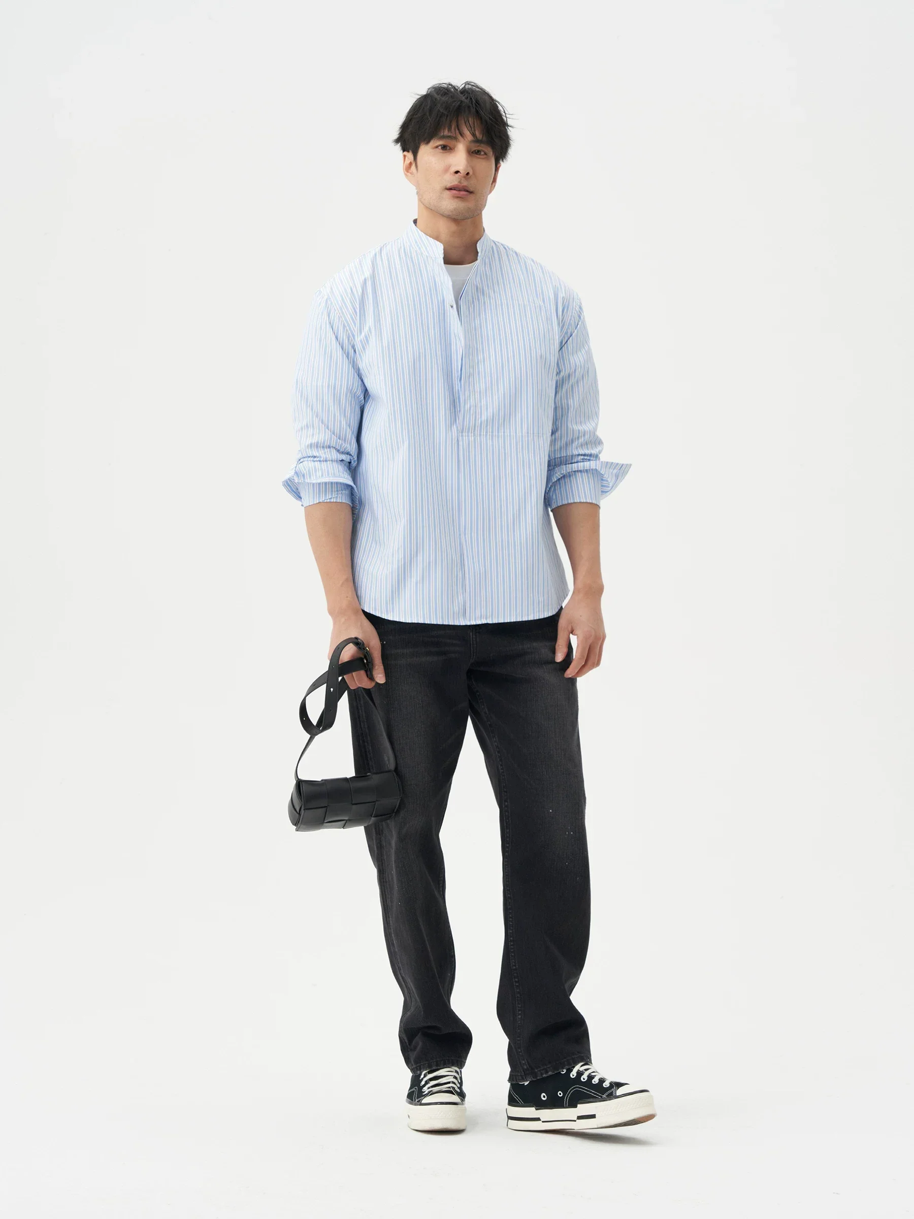 Striped Band-Collar Shirt - Image 3