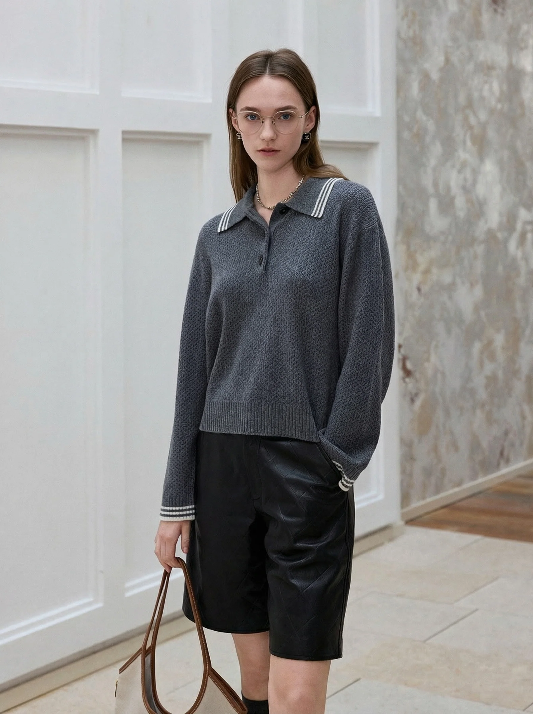 Striped-Collar Polo Sweater