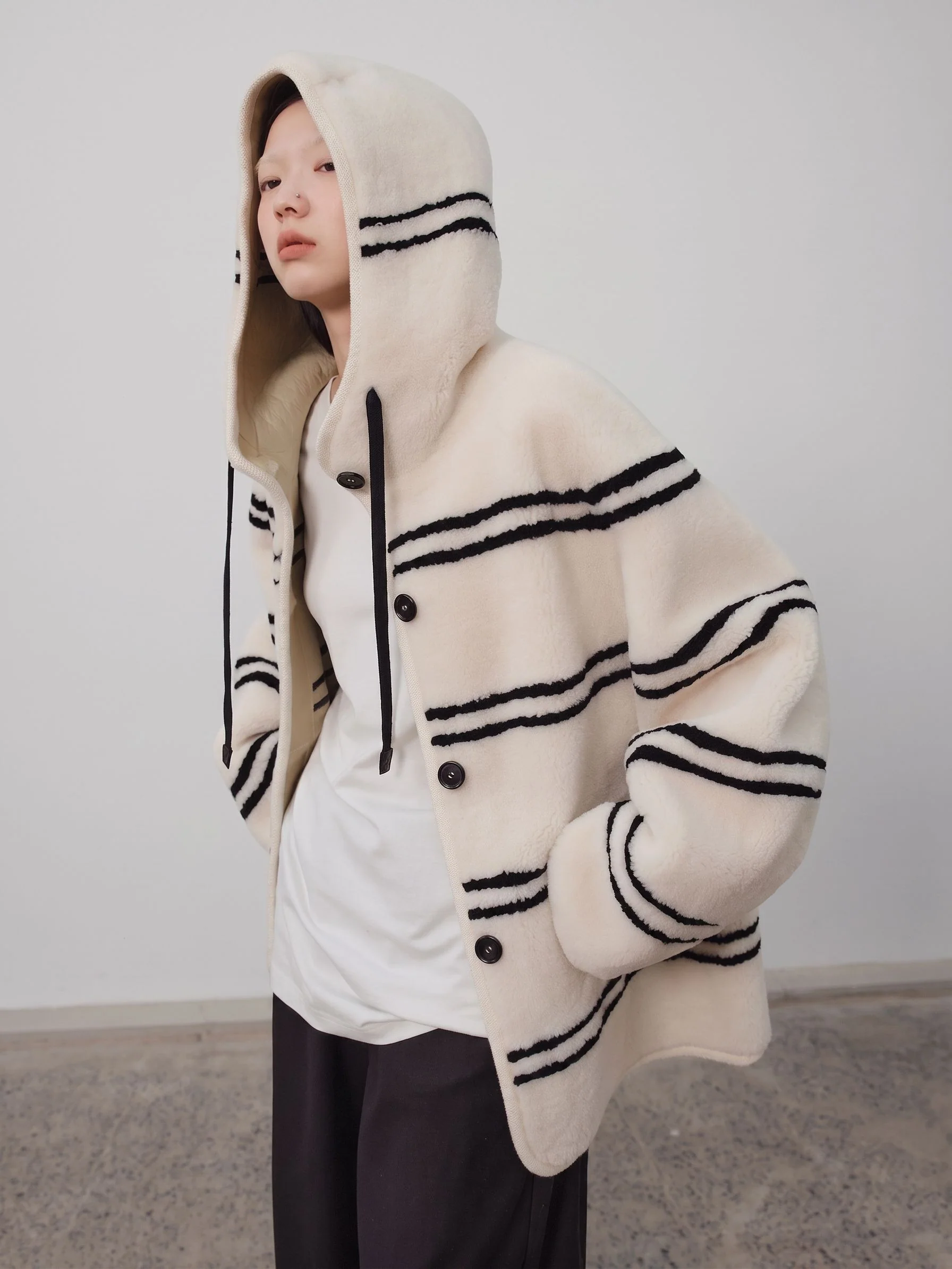 Striped Merino Shearling Hooded Coat - Image 3