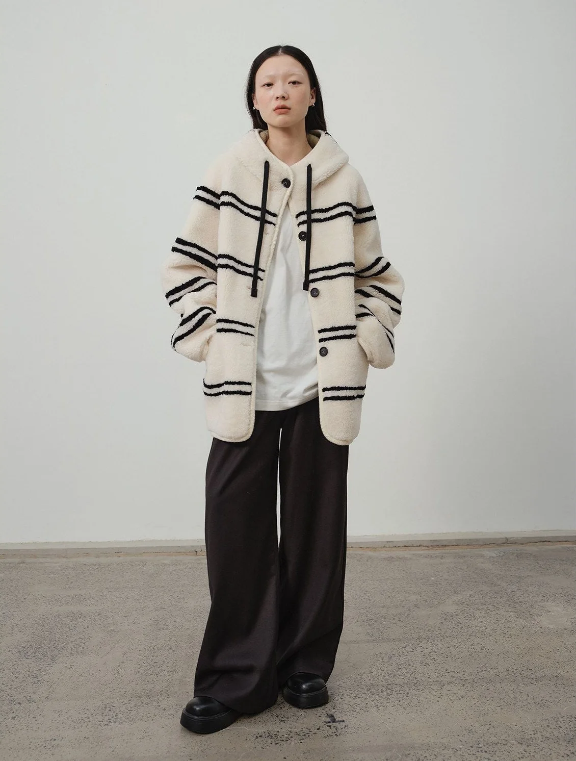 Striped Merino Shearling Hooded Coat - Image 6