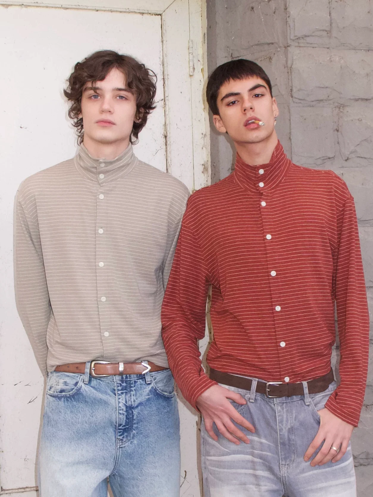 Striped Mock-Neck Button-Front Knit