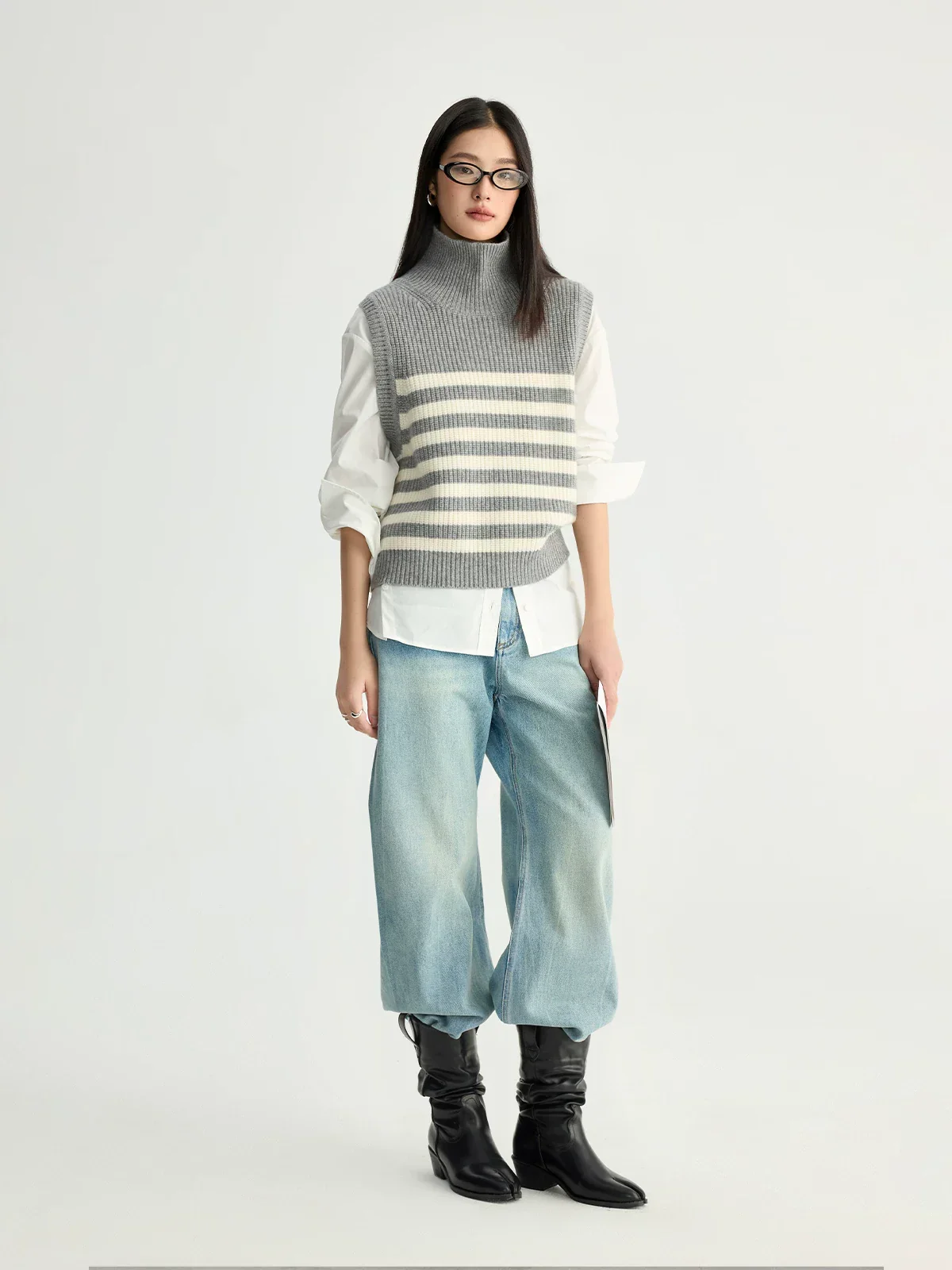 Striped Mock Turtleneck Knit Vest - Image 3
