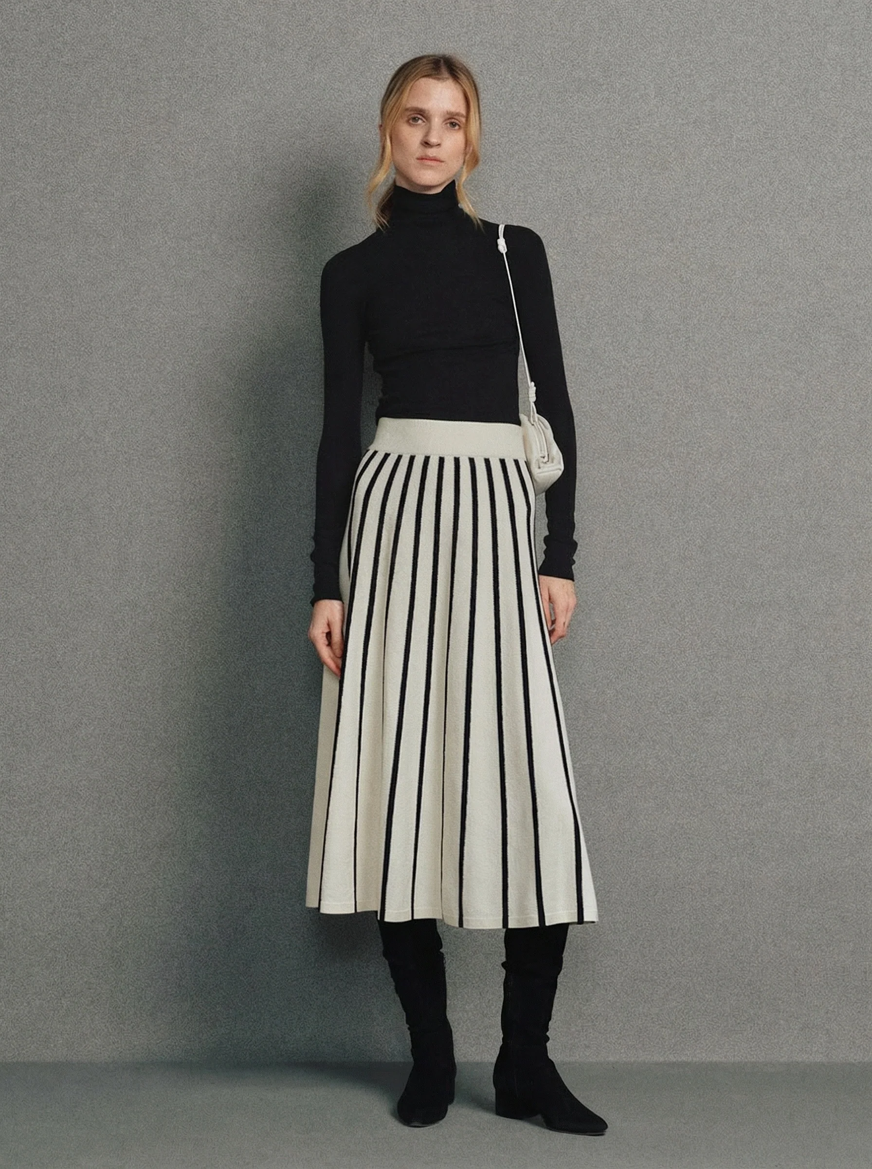Striped Pleated Midi Skirt