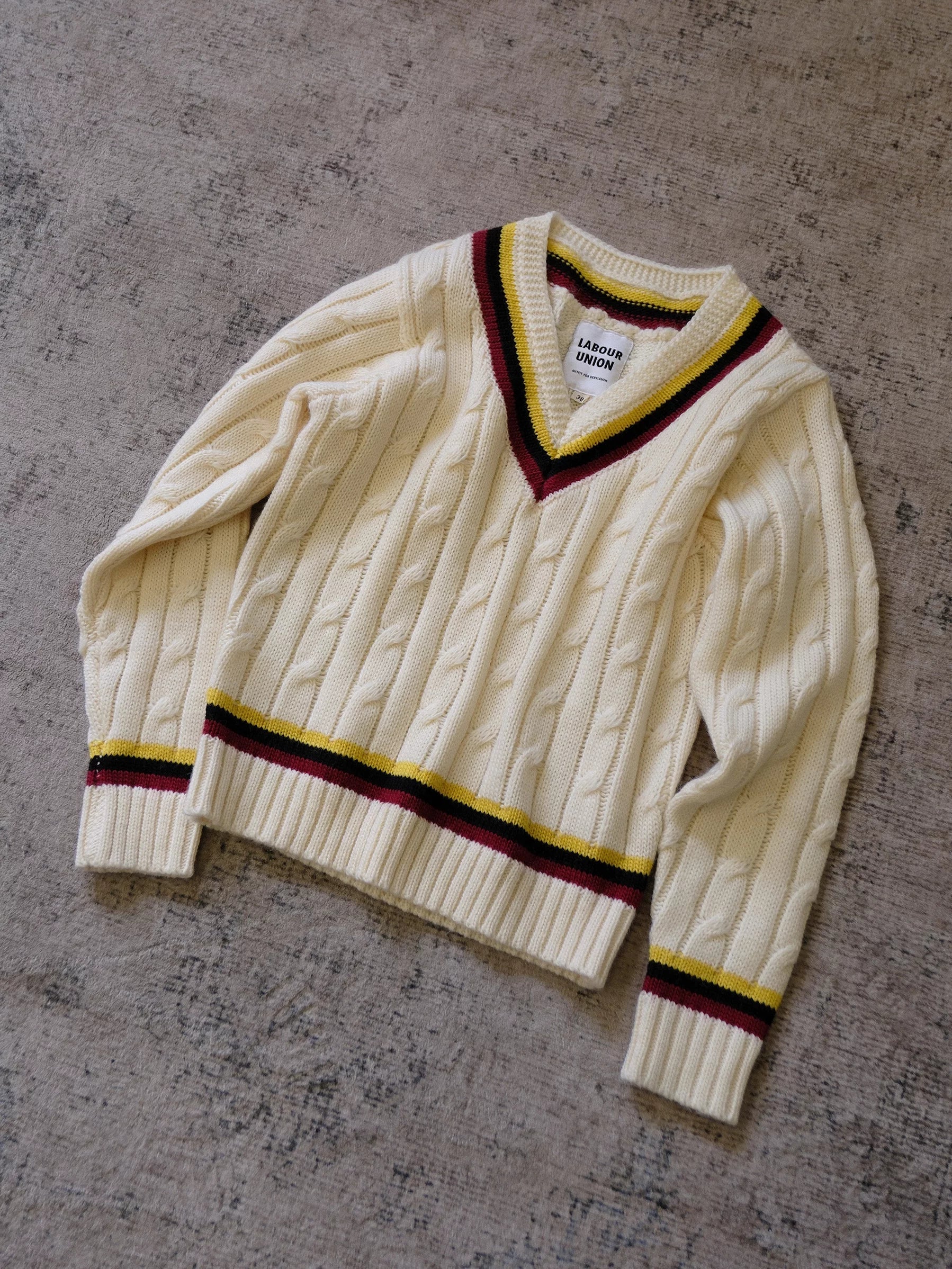 Striped V-Neck Cable Sweater - Image 5